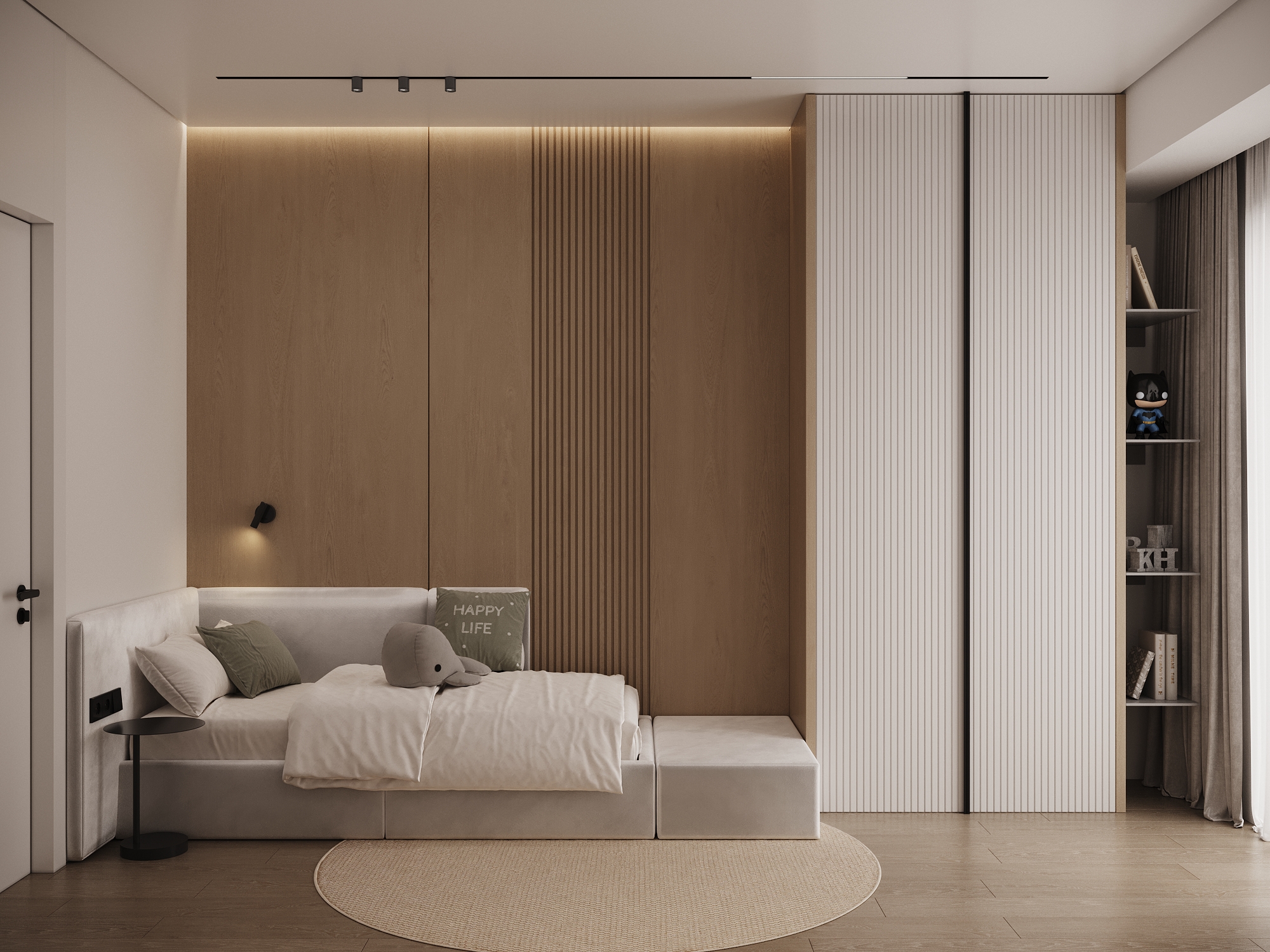 Contemporary children's bedroom with upholstered daybed, wooden wall panels, built-in storage, and decorative plush toys.