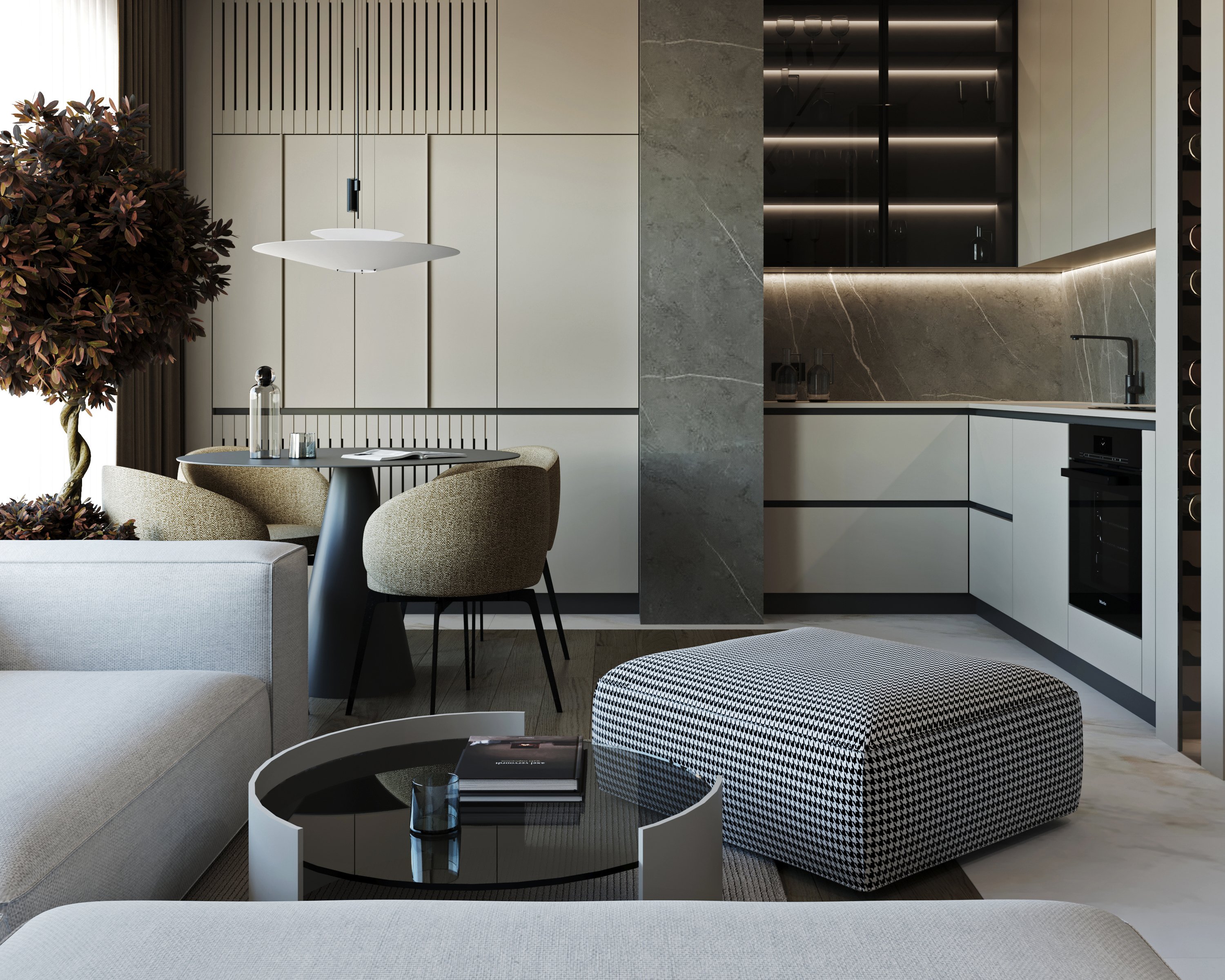 Open-concept space combining living area, dining nook, and modern white kitchen with marble backsplash and black appliances.