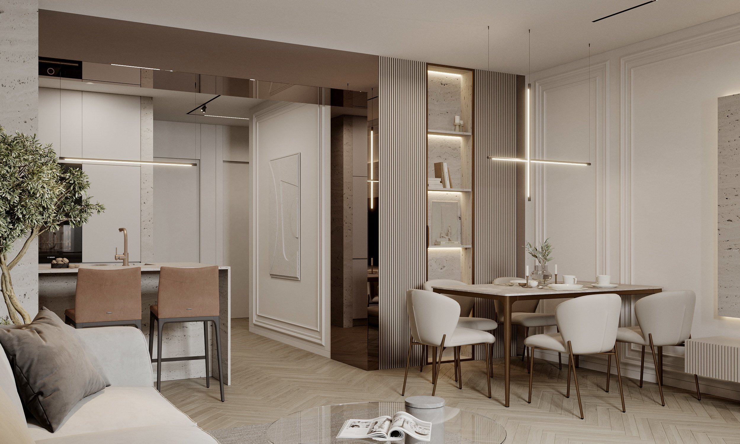 Modern open concept living space featuring white walls with classical moldings, herringbone flooring, and integrated lighting.