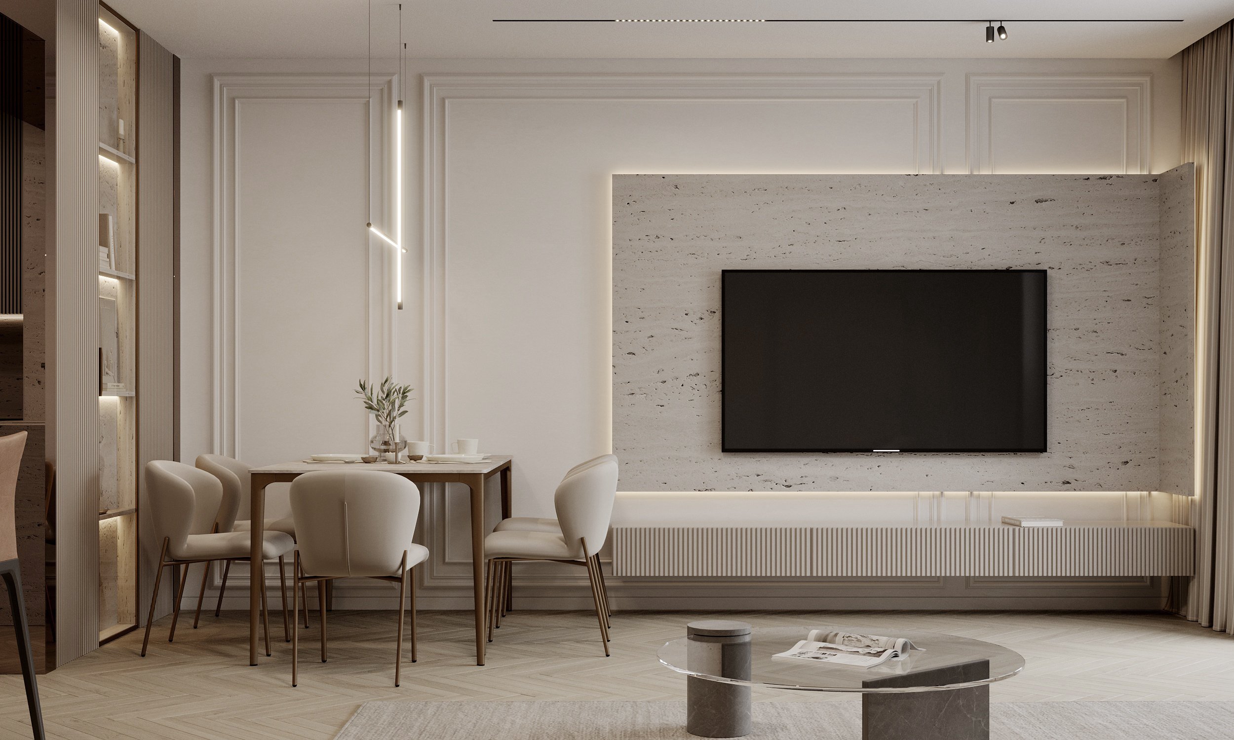 Luxury open-plan space combining living and dining areas with integrated entertainment system.