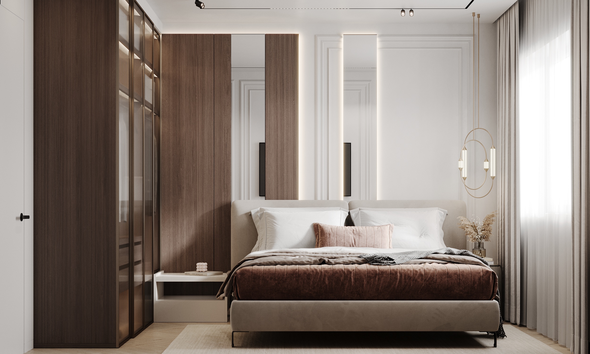 Contemporary master bedroom with built-in wardrobes, upholstered bed frame, and sculptural gold pendant light.