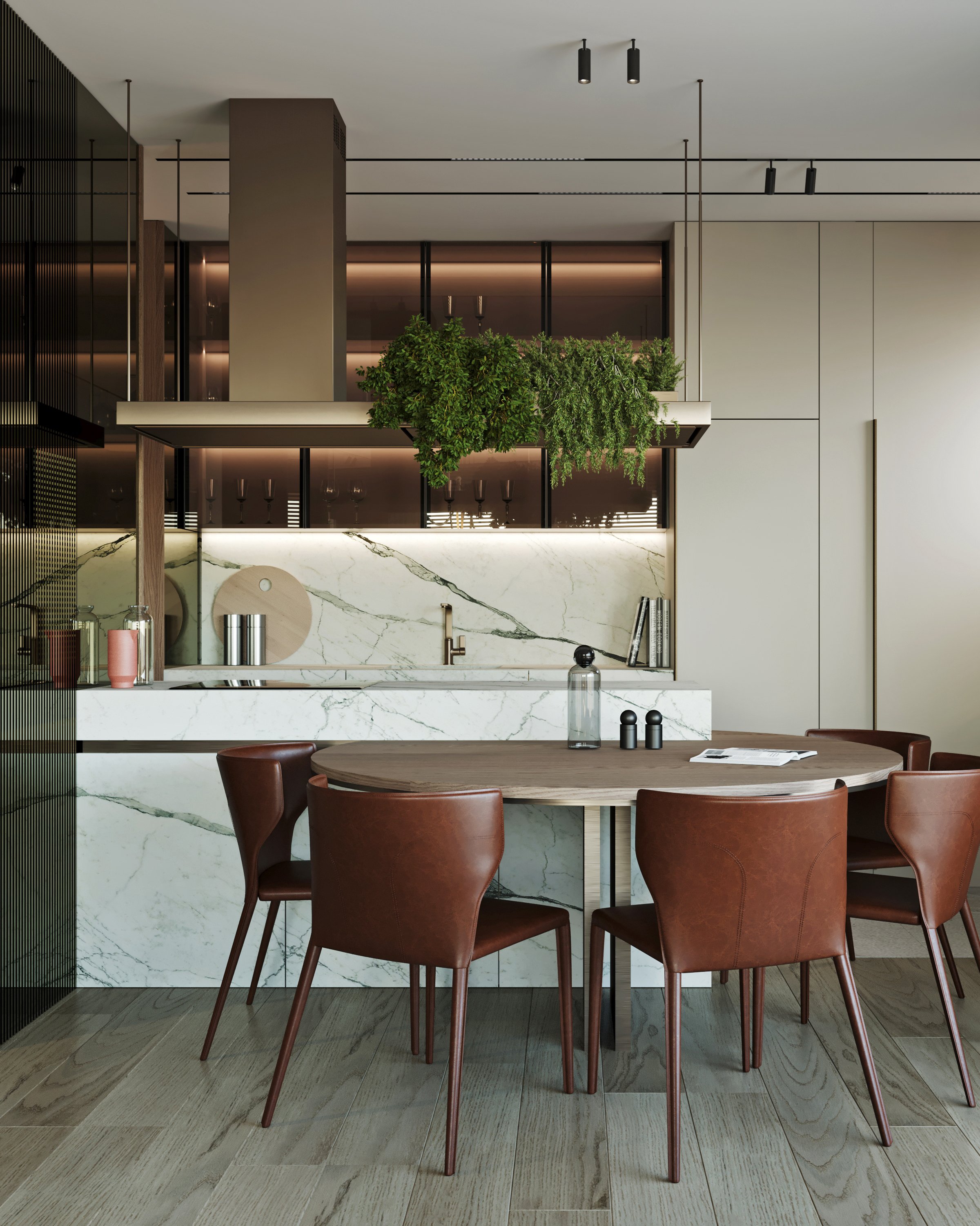 Contemporary dining and kitchen space with marble surfaces, leather seating, and integrated appliances.