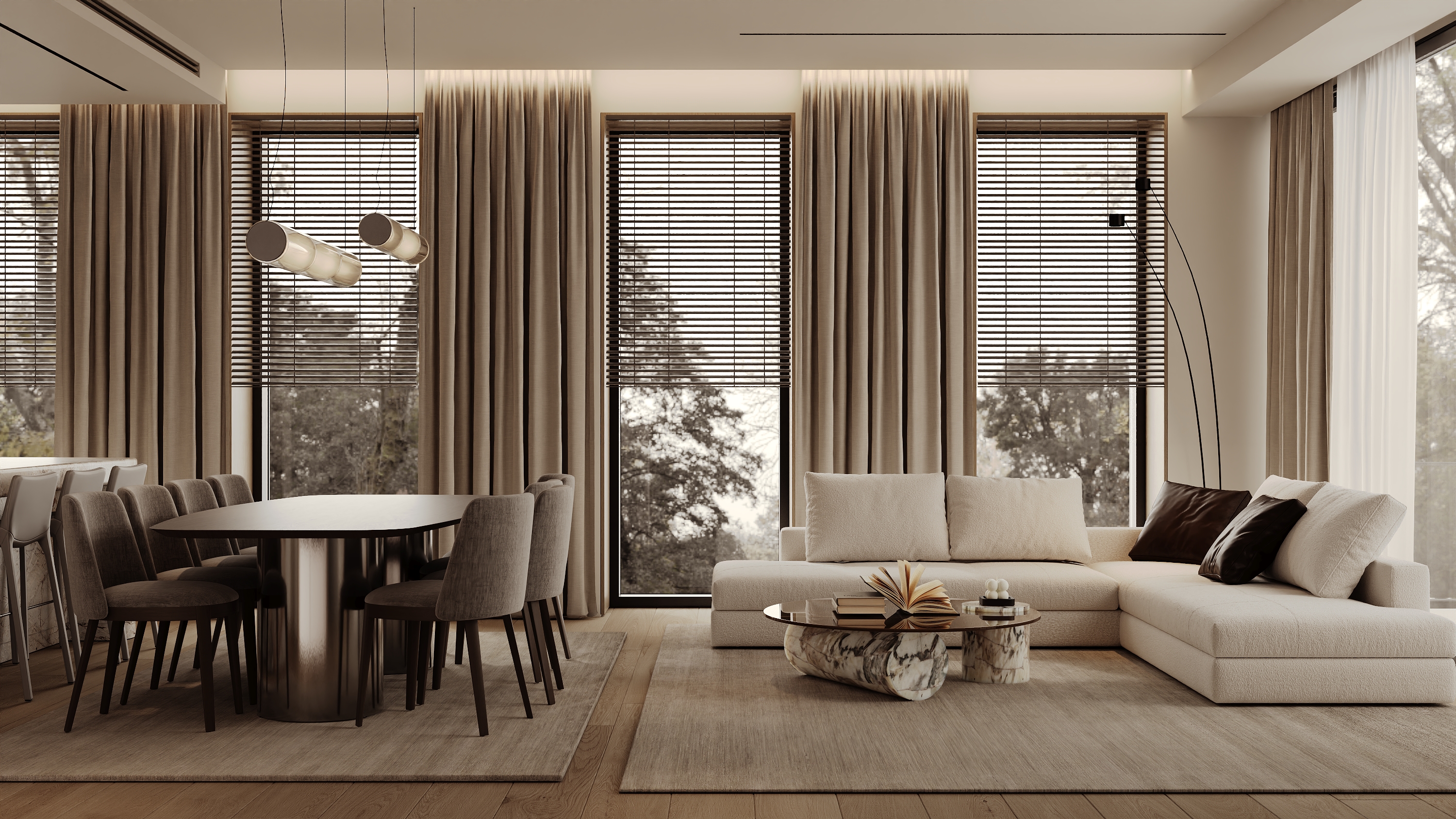 Spacious open-plan living and dining area with a large modular sofa, marble coffee table, and contemporary dining set, framed by floor-to-ceiling windows with drapery and blinds.
