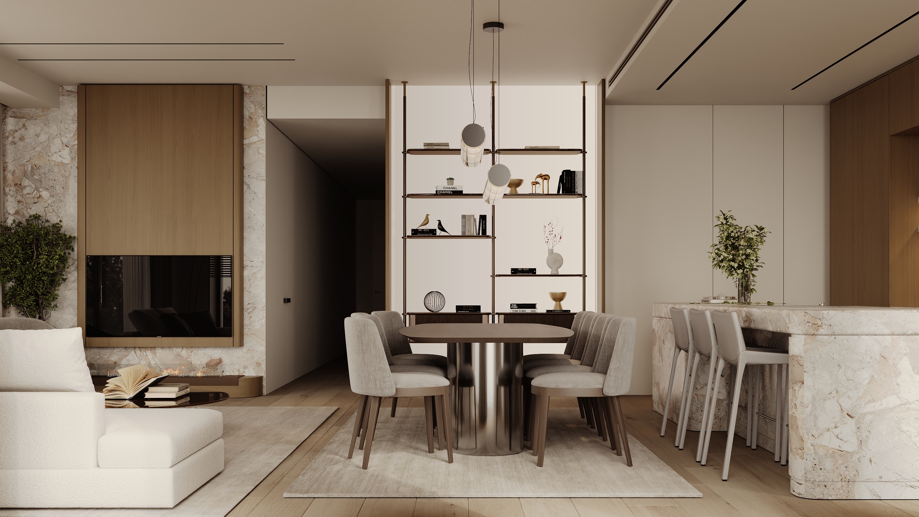 Dining area with oval table, upholstered chairs, and open shelving with decorative objects, set against a marble fireplace wall.