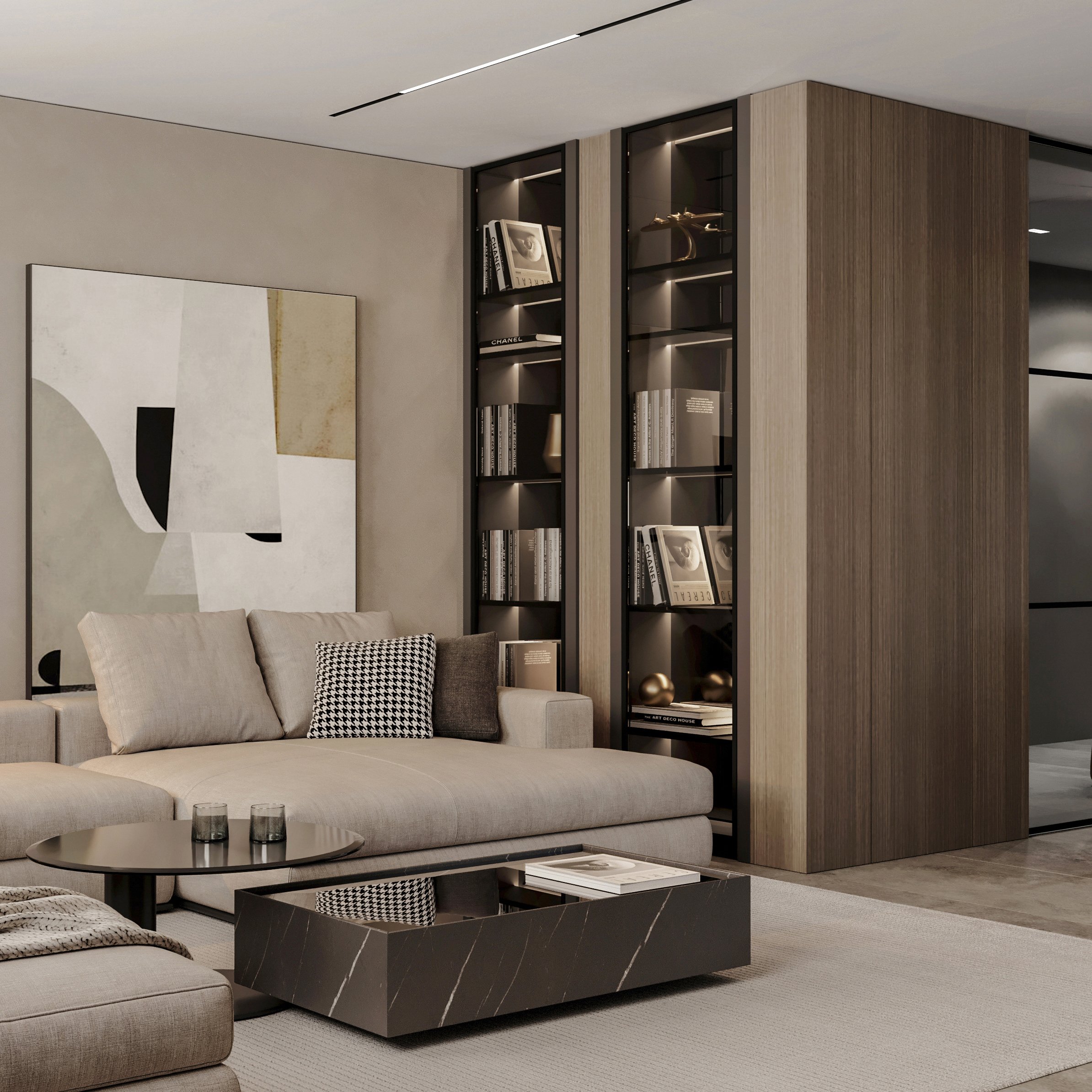 Detailed view of living room showing grey sectional sofa, built-in shelving with ambient lighting, and minimalist decor.