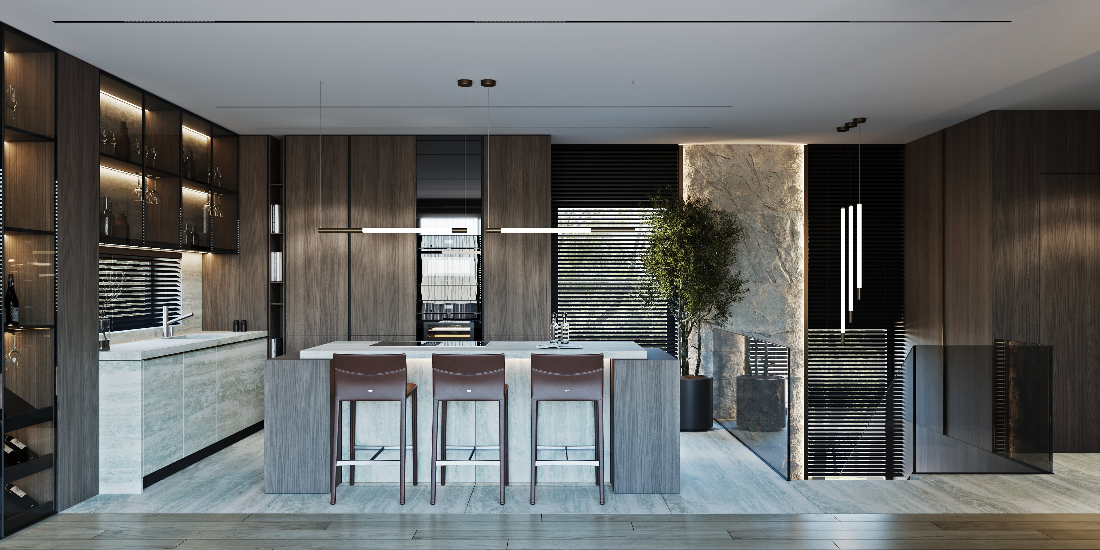 Modern kitchen featuring marble island, leather bar stools, and illuminated glass cabinets.
