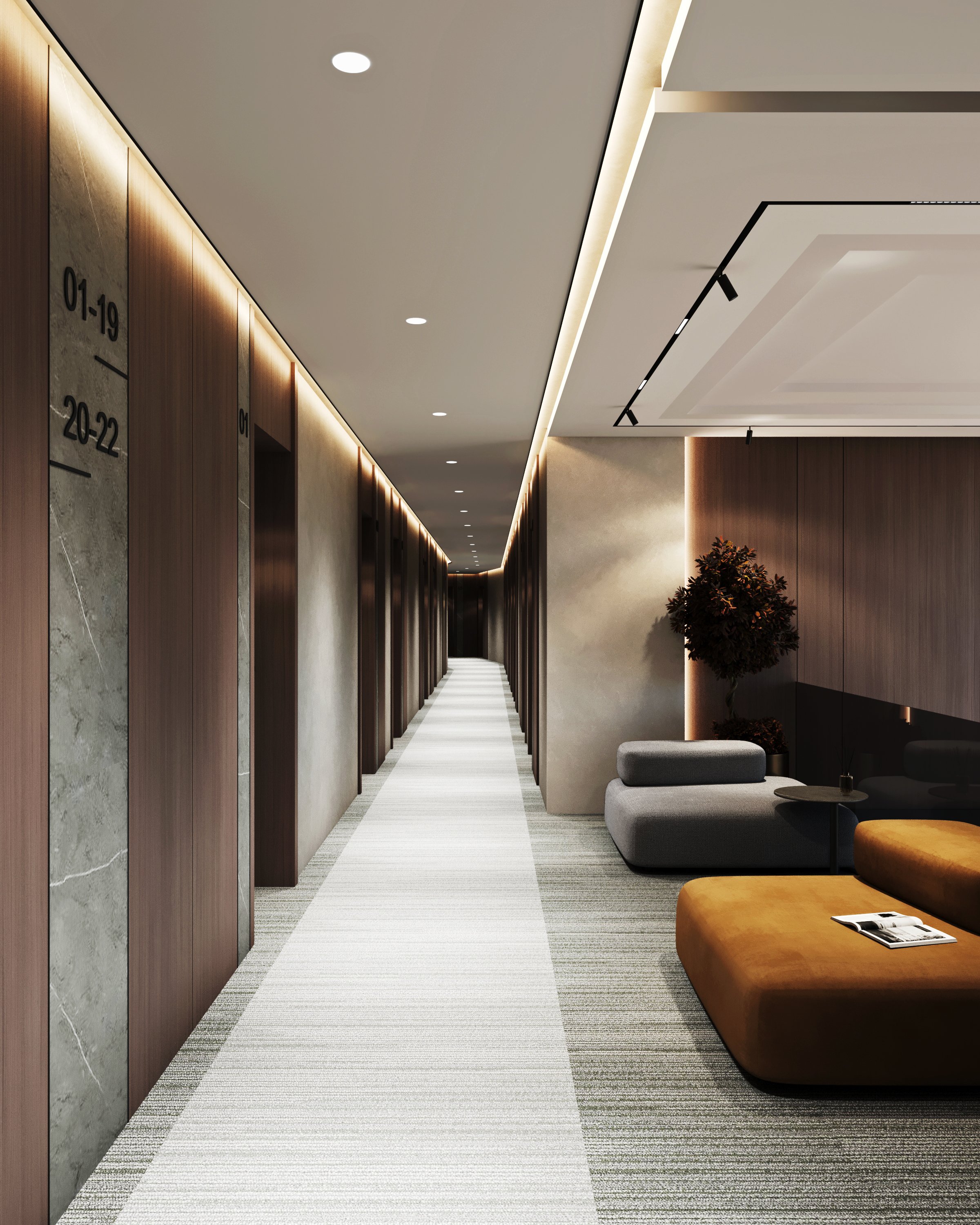 Modern hotel corridor with wooden panels, marble accents, and ambient lighting featuring room numbers.