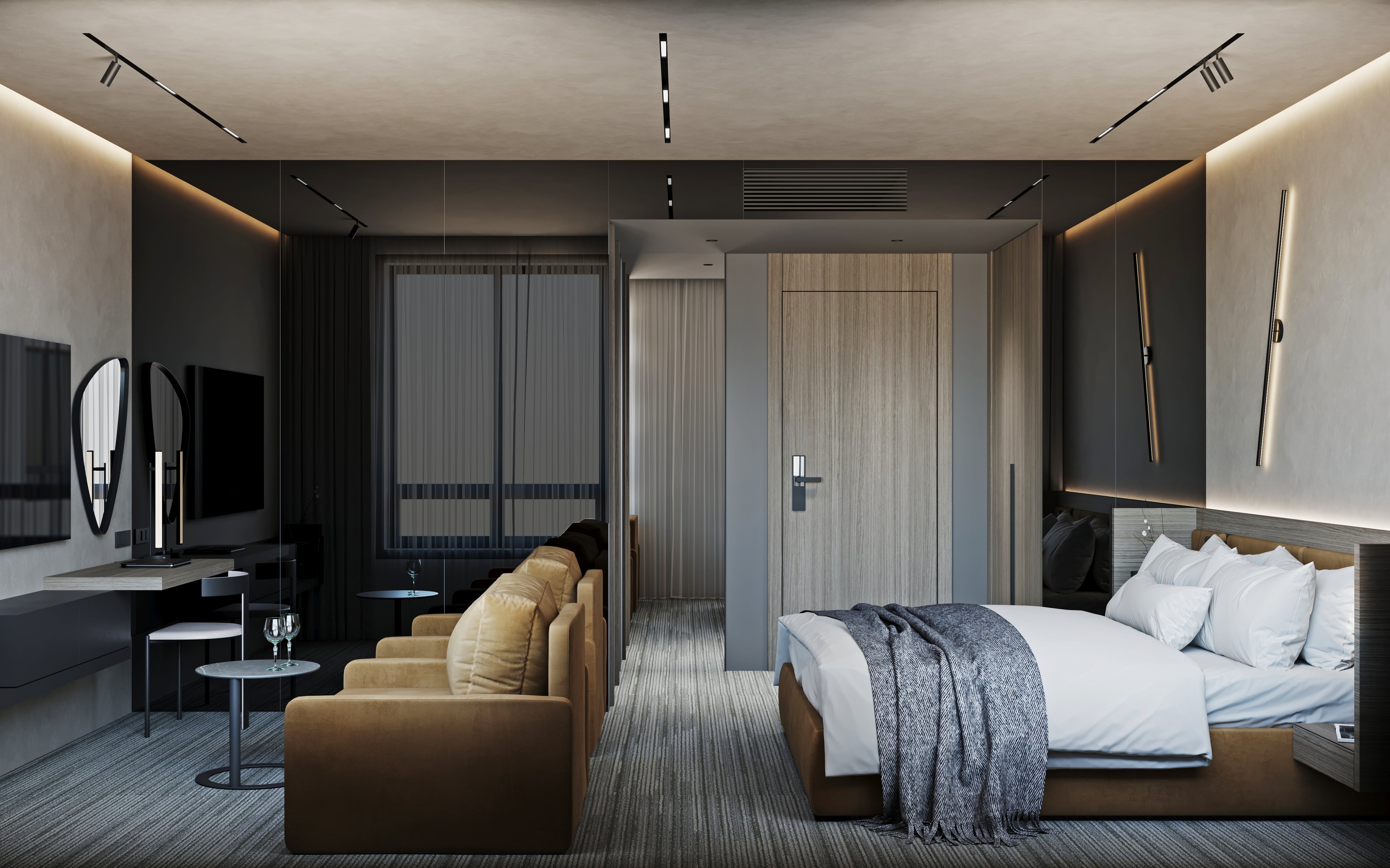Luxury hotel suite with seating area, king bed, and geometric LED lighting fixtures.