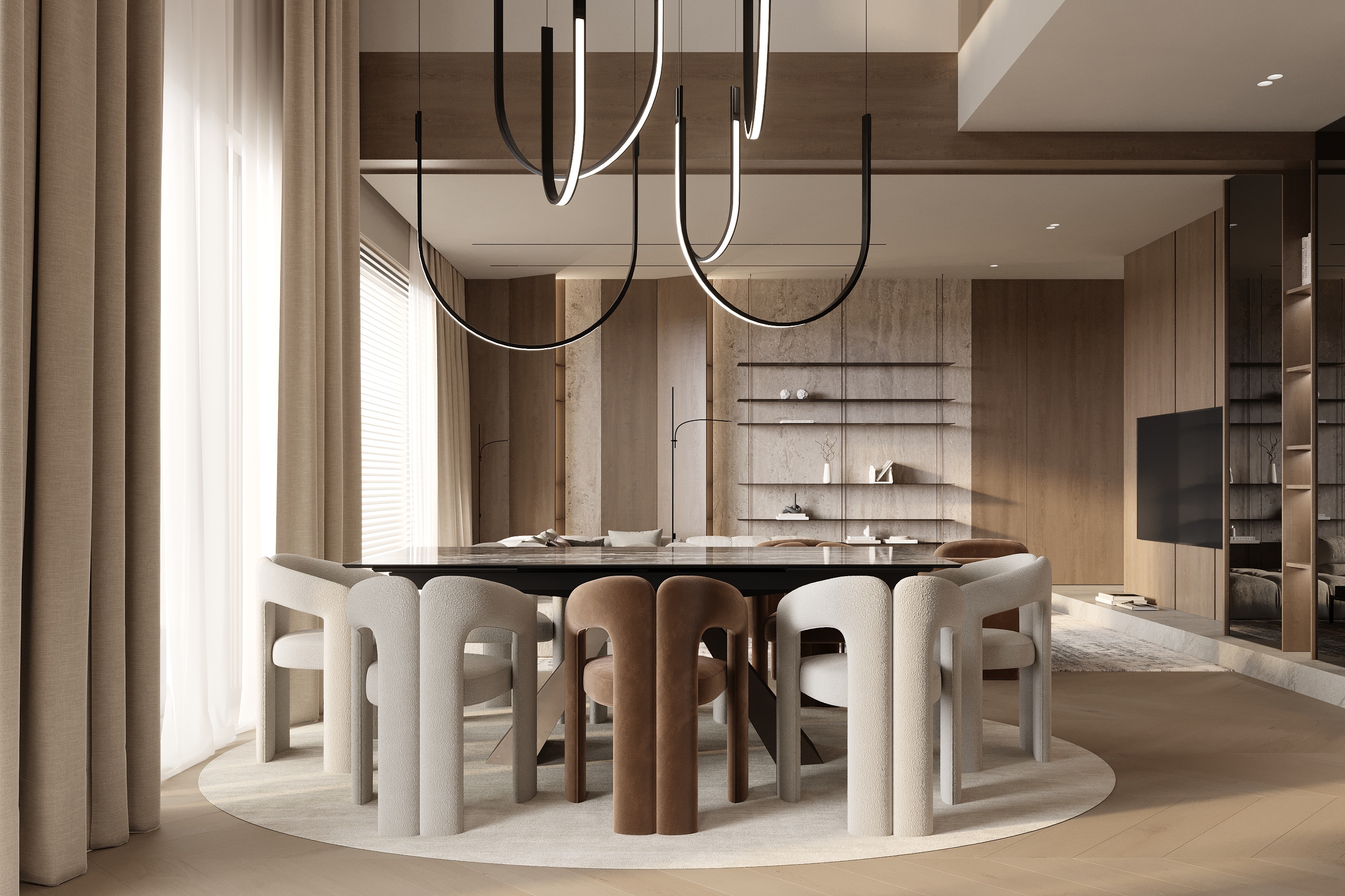 Elegant dining area with sculptural chairs around a dark table, dramatic modern pendant lights, and soft natural light filtered through floor-to-ceiling curtains.
