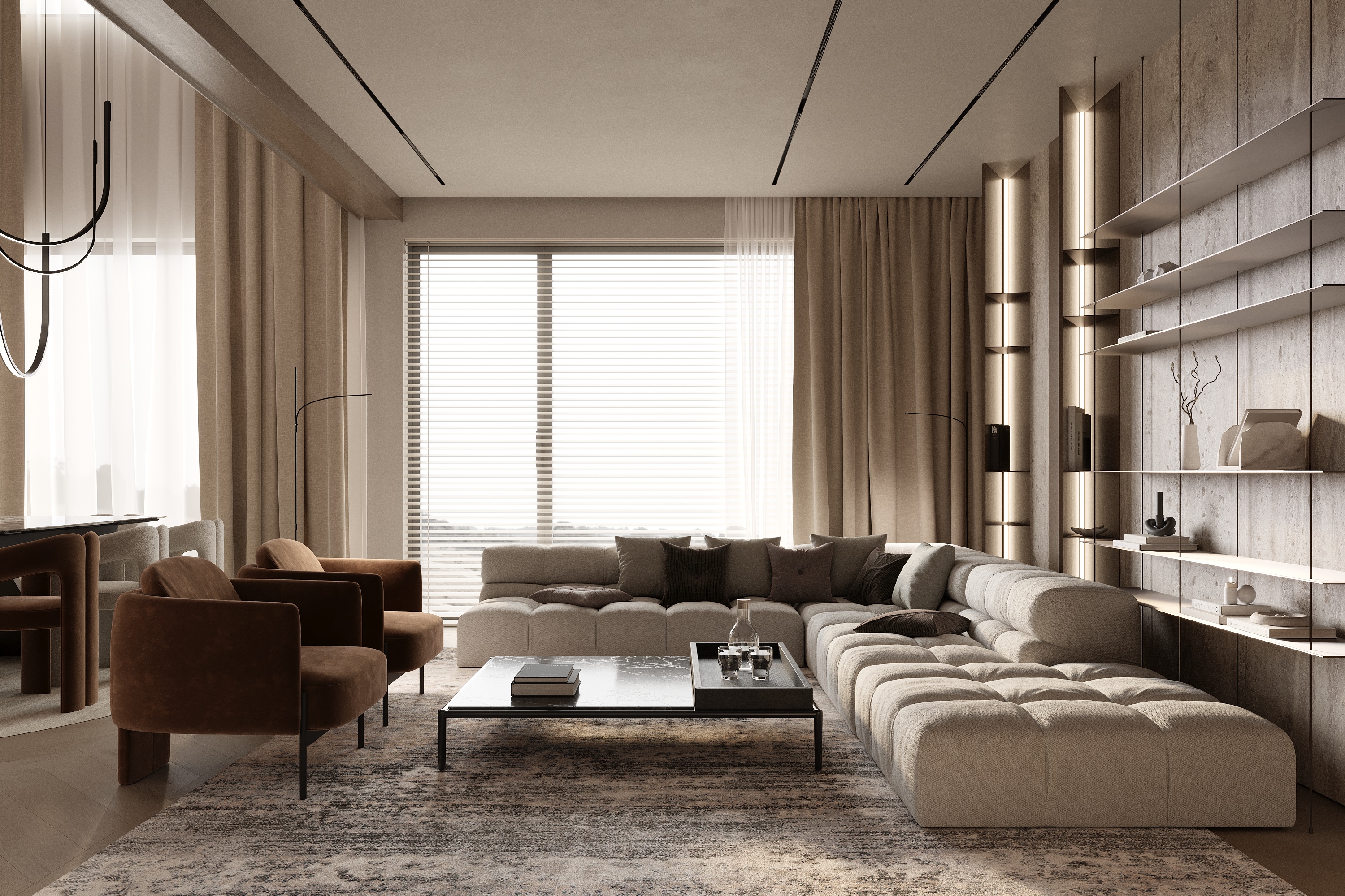 Spacious living room with a large modular sofa, brown armchairs, low black coffee table, and a feature wall with illuminated shelves and textured stone panels.