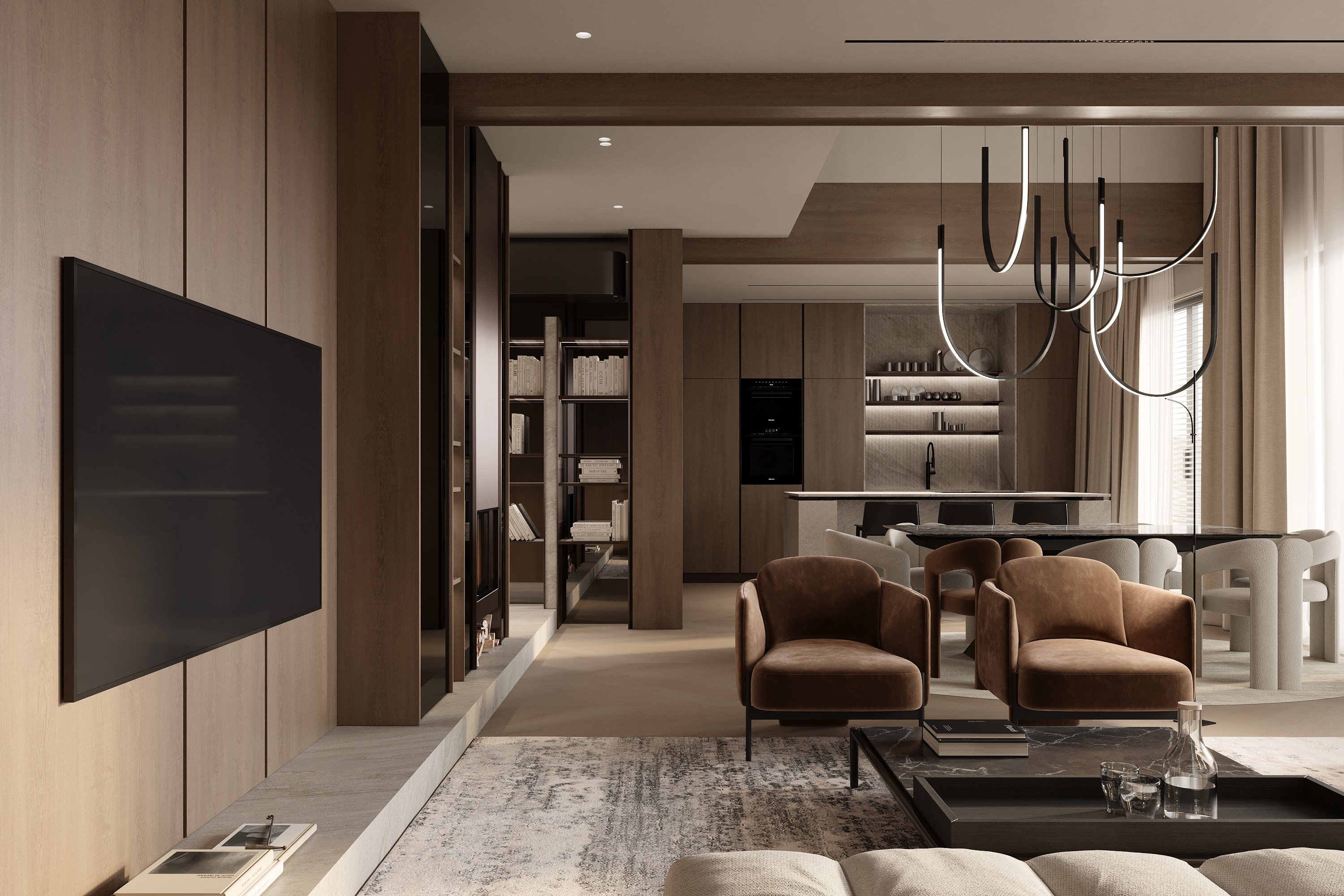 Open-plan view connecting living, dining, and kitchen areas with warm wood finishes, sculptural lighting, and harmonious neutral tones.