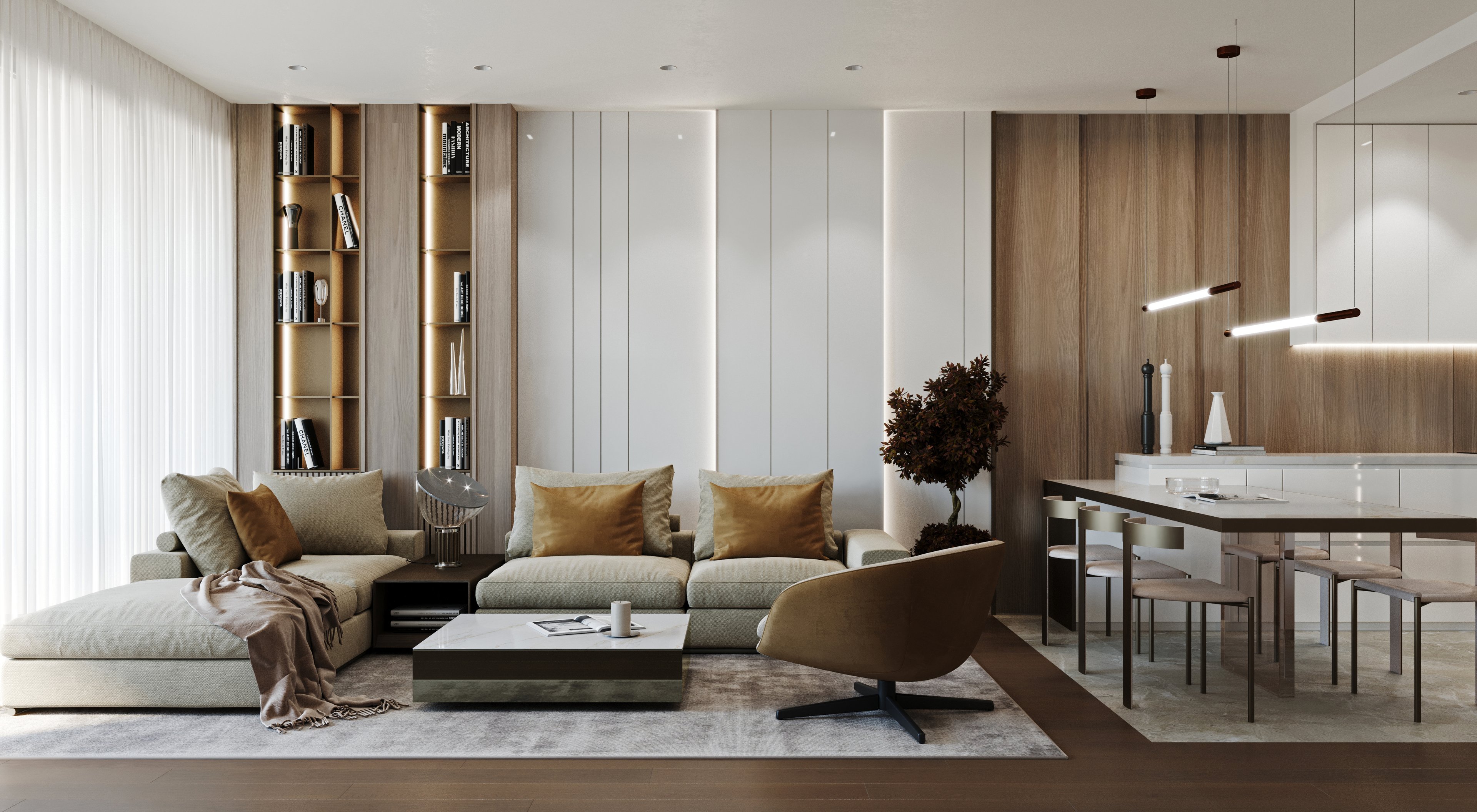 Contemporary living room featuring illuminated built-in shelving, beige sectional sofa with gold accent pillows, and modern lighting fixtures.