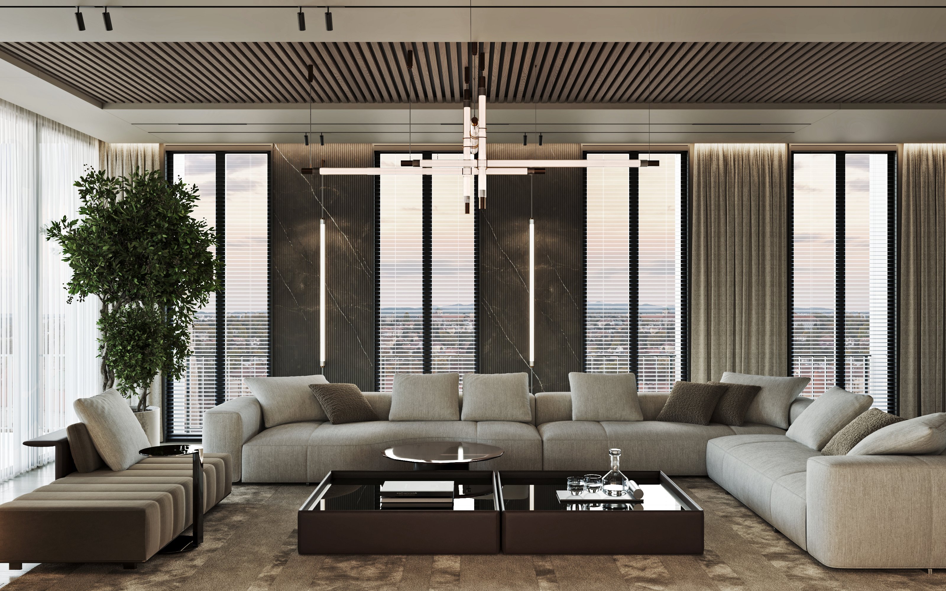 Modern luxury living room with large sectional sofa, glass coffee table, and contemporary lighting.