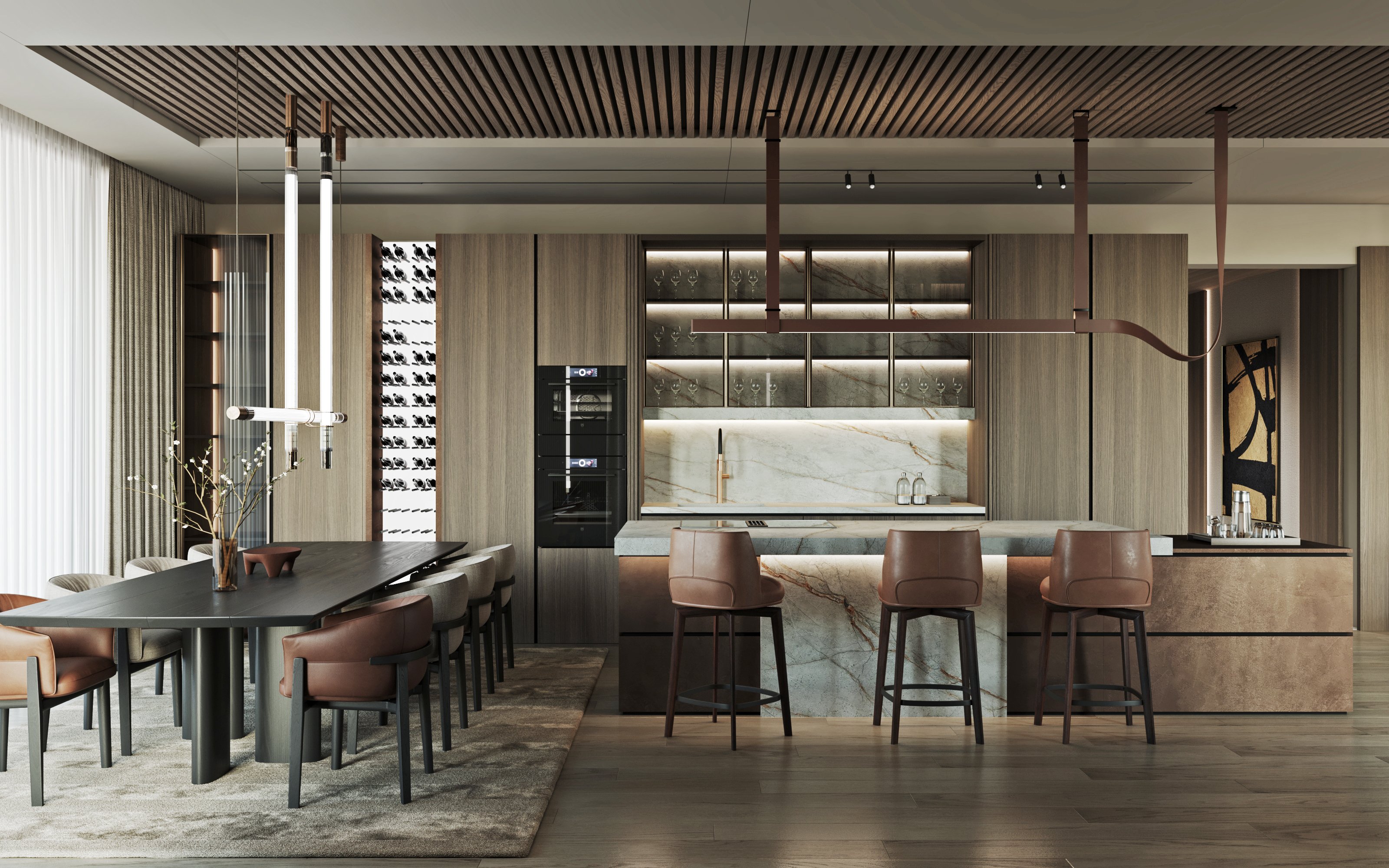 Contemporary kitchen and dining area featuring a marble island, stylish dining table, and elegant lighting.