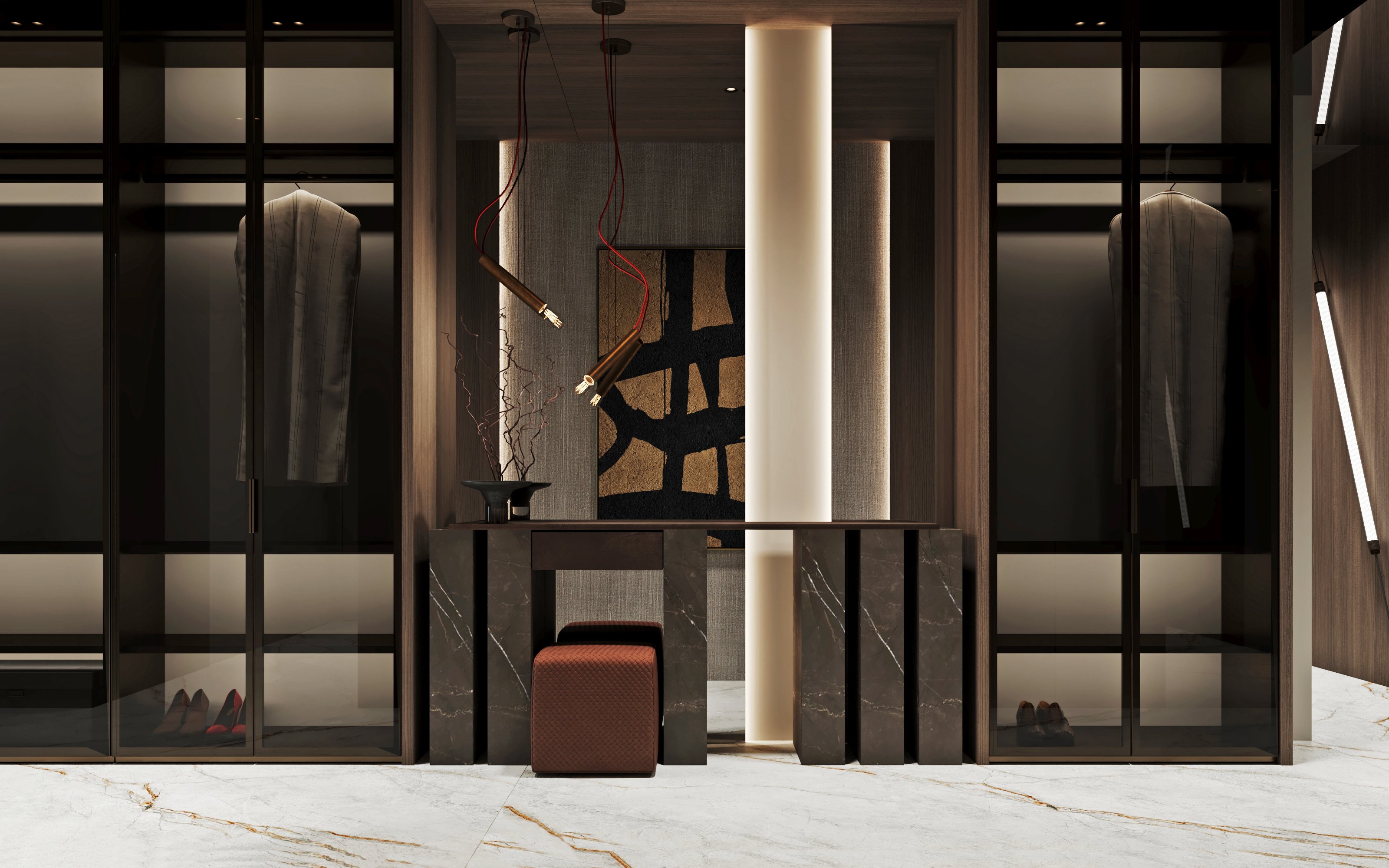 Sophisticated walk-in closet featuring marble accents, ambient lighting, and stylish storage.