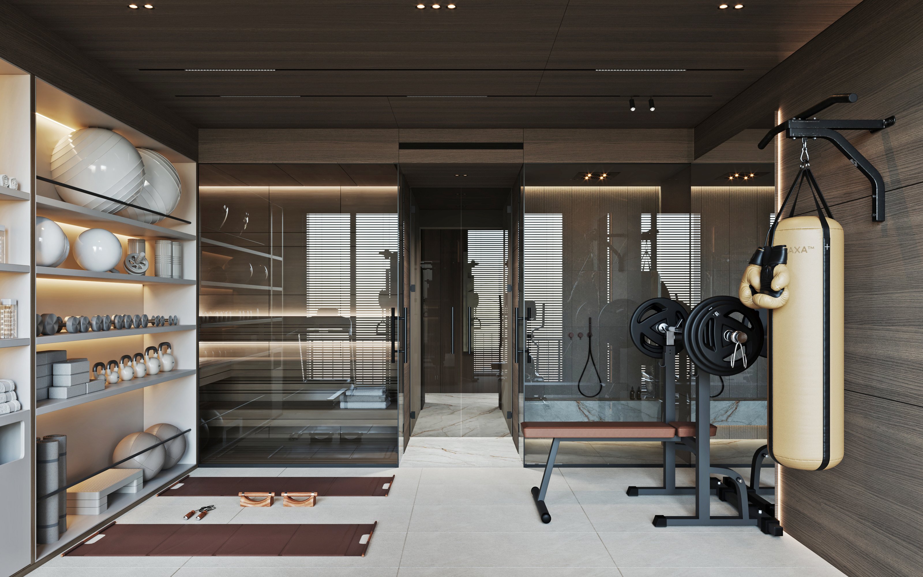 Contemporary home gym featuring a variety of fitness equipment, mirrors, and shelving for storage.