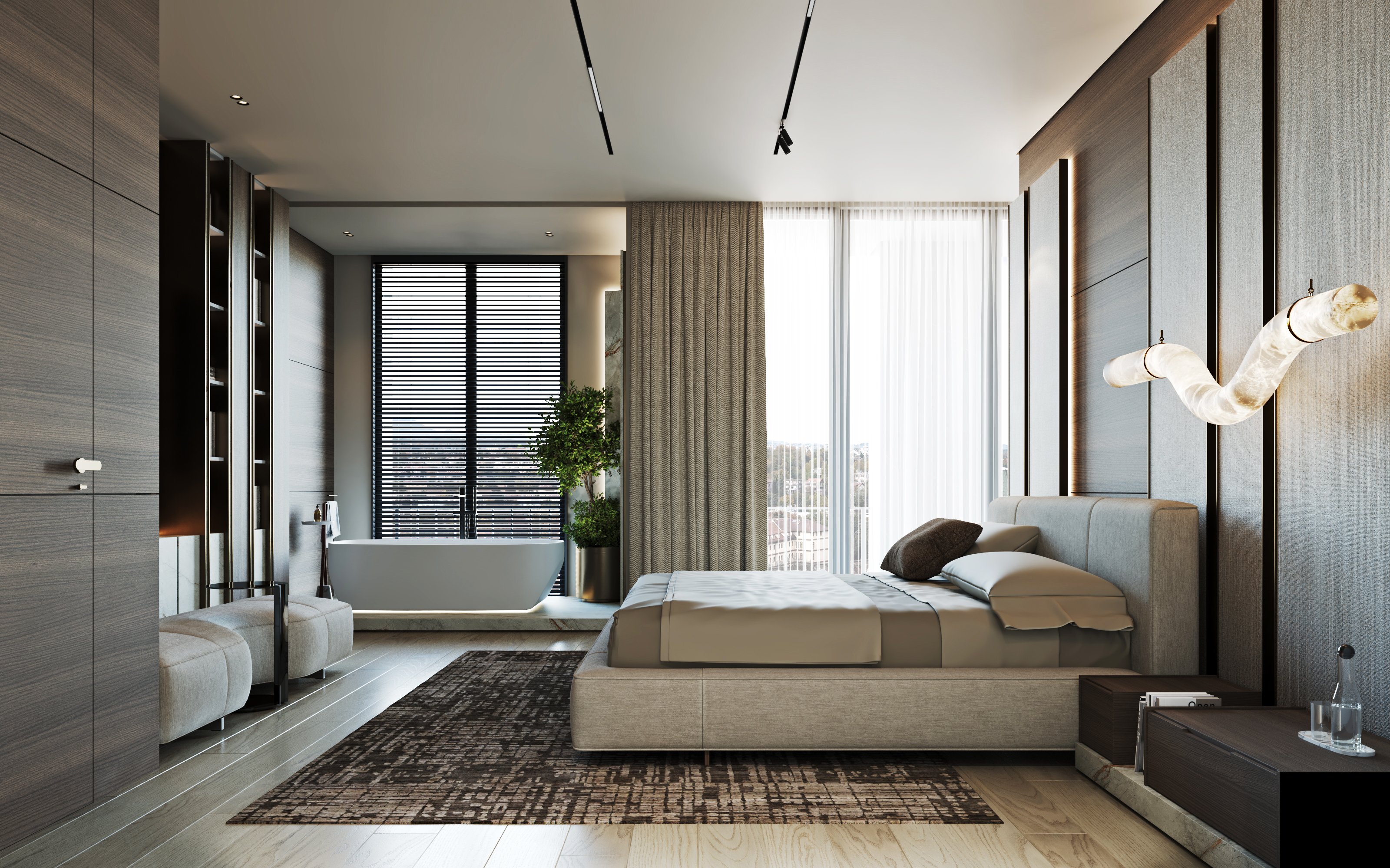 Contemporary master bedroom featuring a freestanding bathtub, platform bed, and floor-to-ceiling windows with modern lighting fixtures.