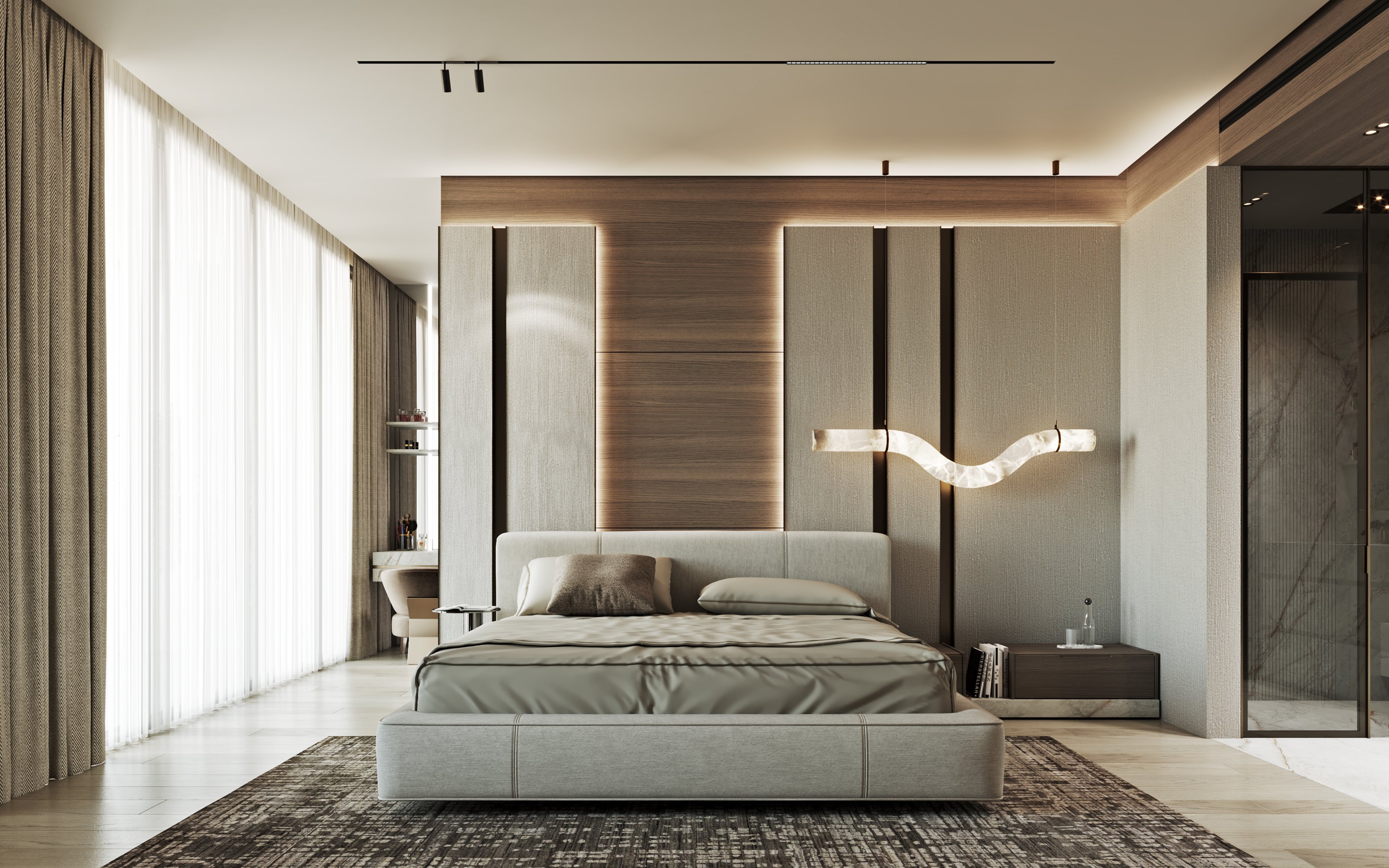 Contemporary bedroom featuring a platform bed, decorative wall panels, wave-shaped pendant light, and floor-to-ceiling windows with sheer curtains.