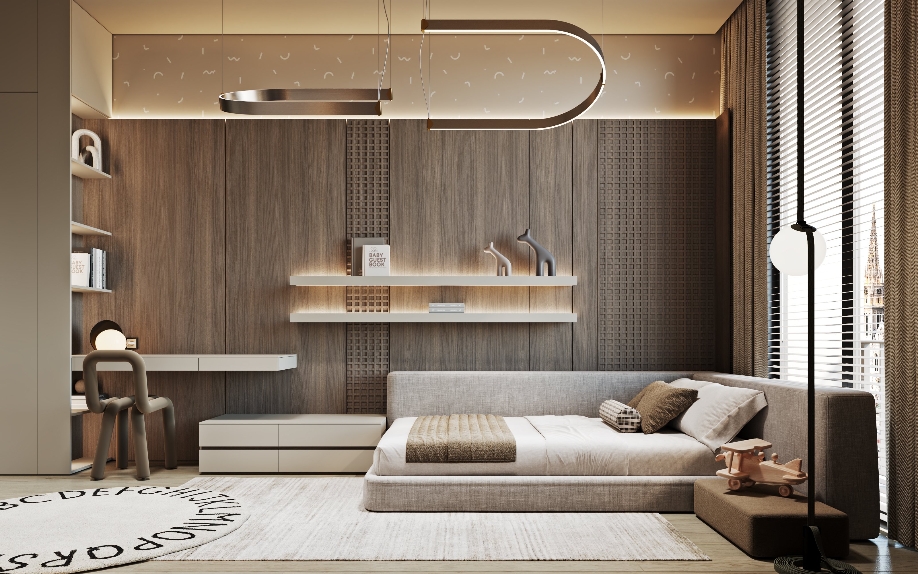 Sophisticated children's bedroom featuring wood paneling, floating shelves, integrated desk, and designer lighting.