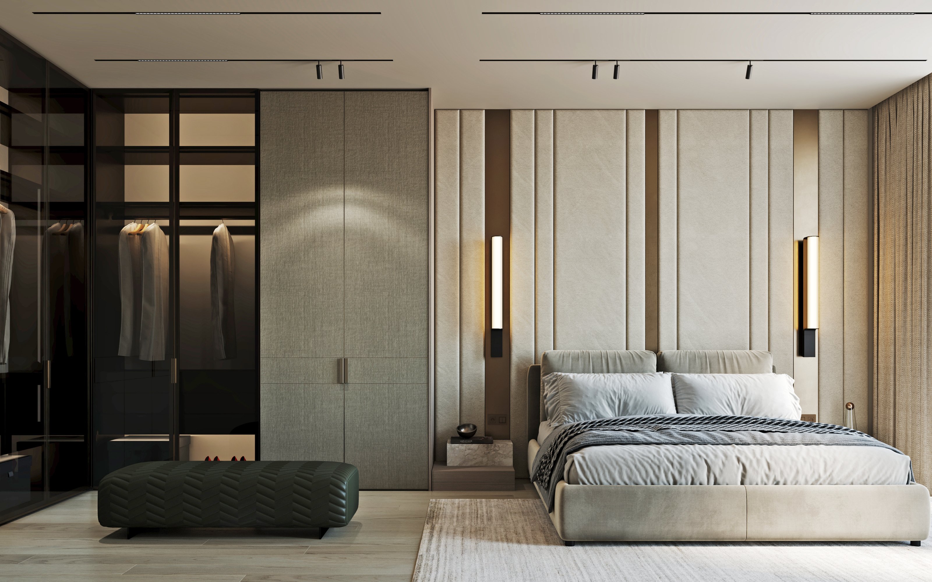 Contemporary master bedroom featuring wall-mounted TV, marble media console, upholstered bed, and built-in wardrobe with glass doors.