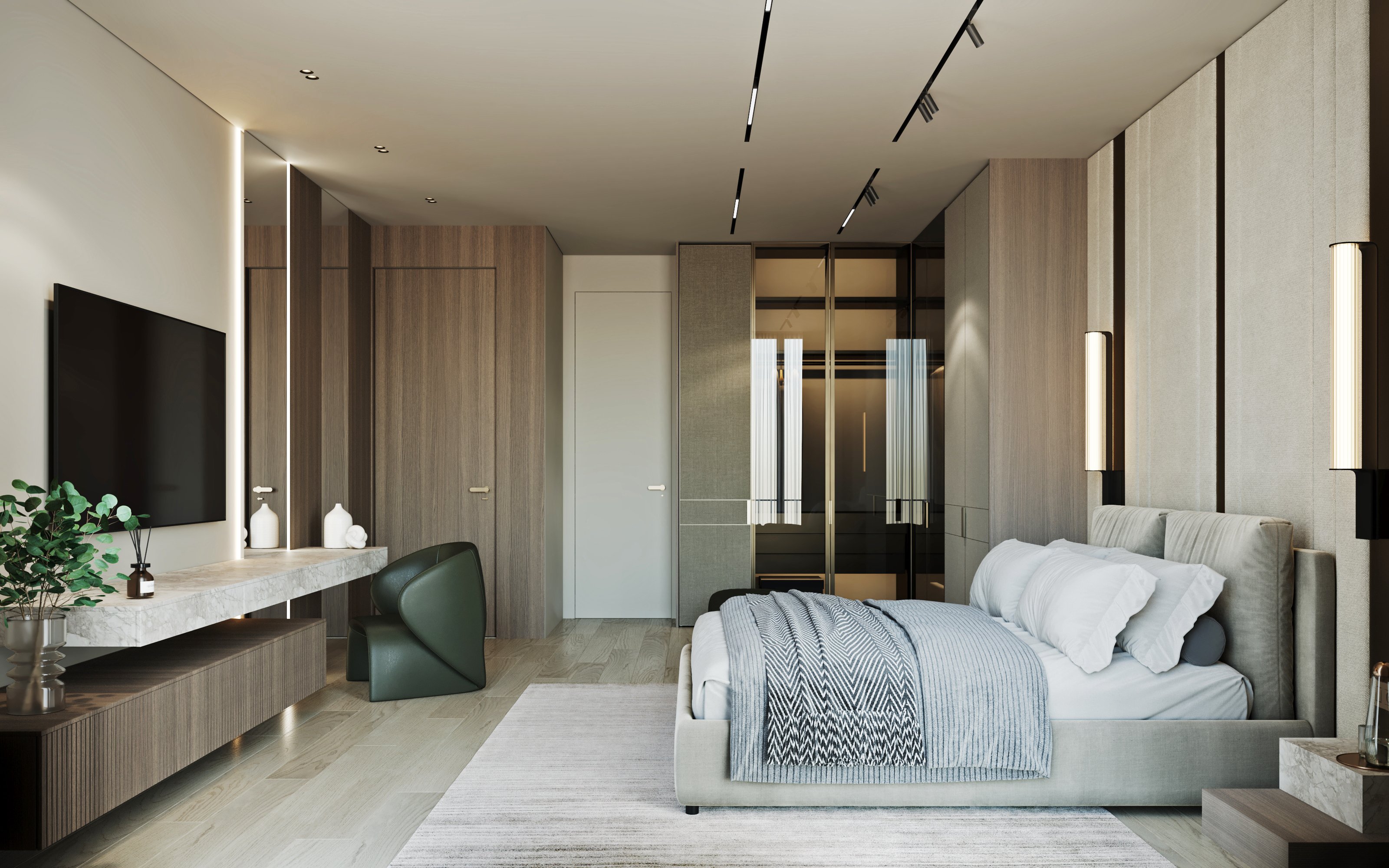 Contemporary master bedroom featuring wall-mounted TV, marble media console, upholstered bed, and built-in wardrobe with glass doors.