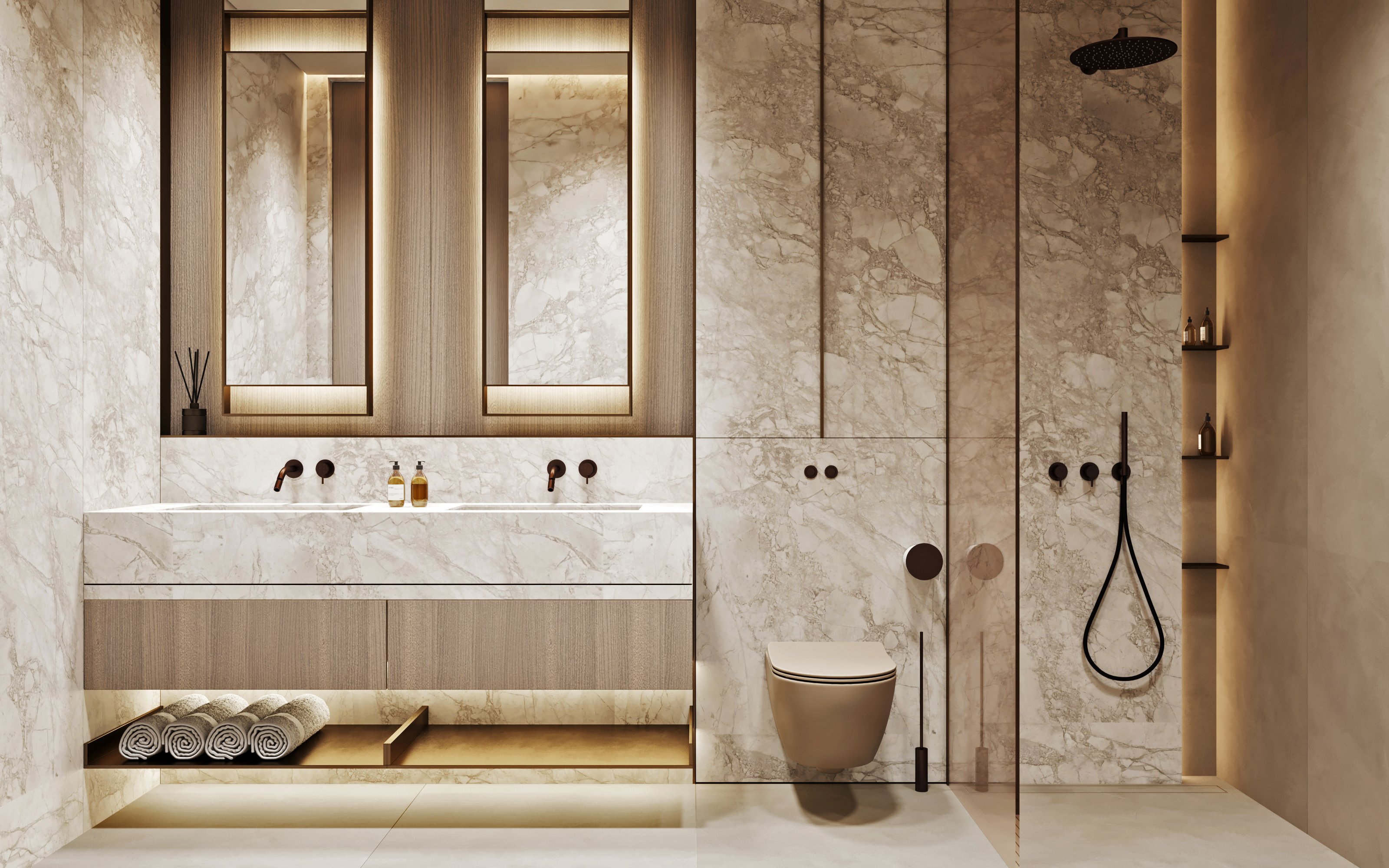 High-end bathroom featuring marble walls, double vanity with backlit mirrors, floating toilet, and walk-in shower with matte black fixtures.