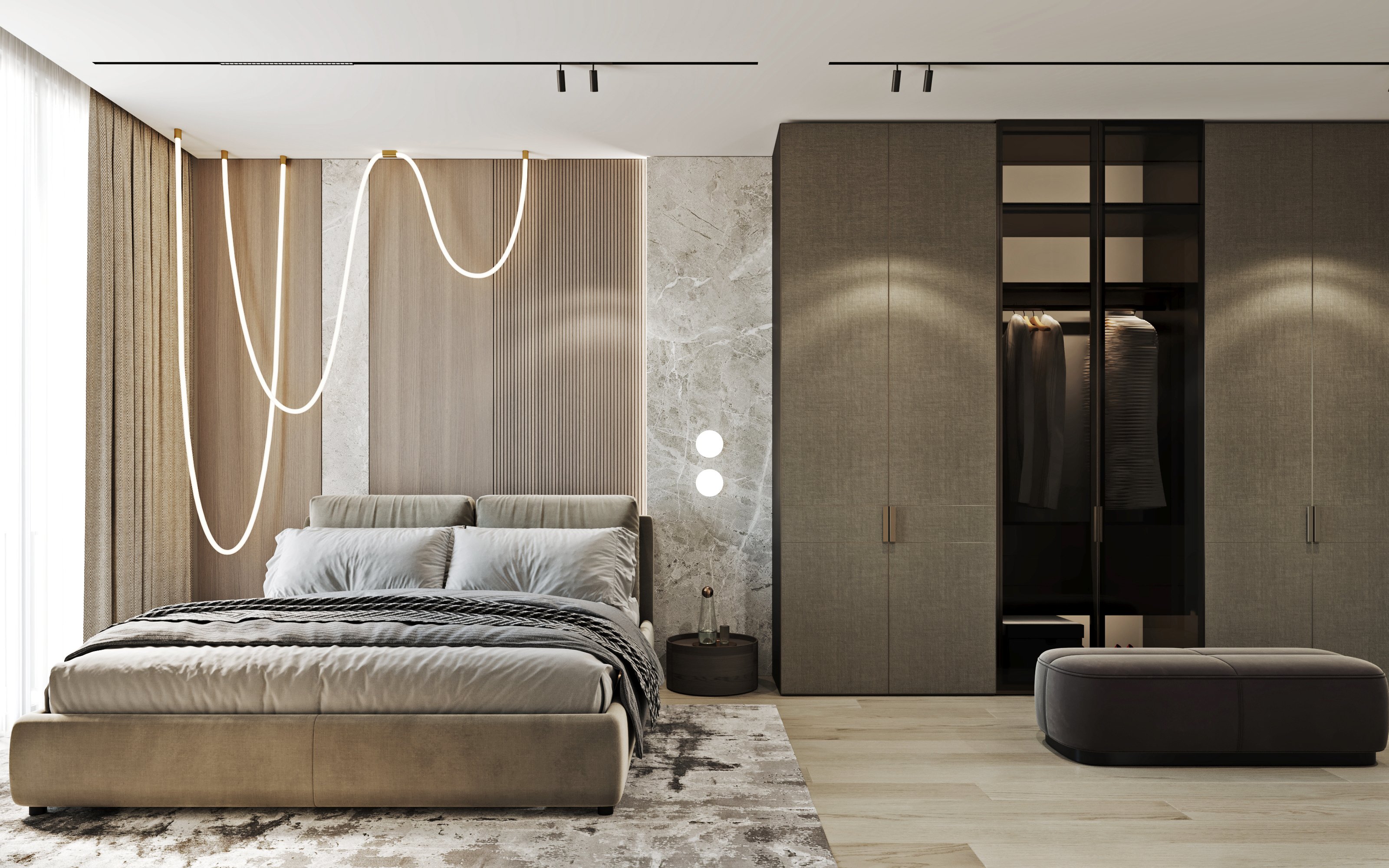 Contemporary master bedroom featuring wall-mounted TV, marble media console, upholstered bed, and built-in wardrobe with glass doors.