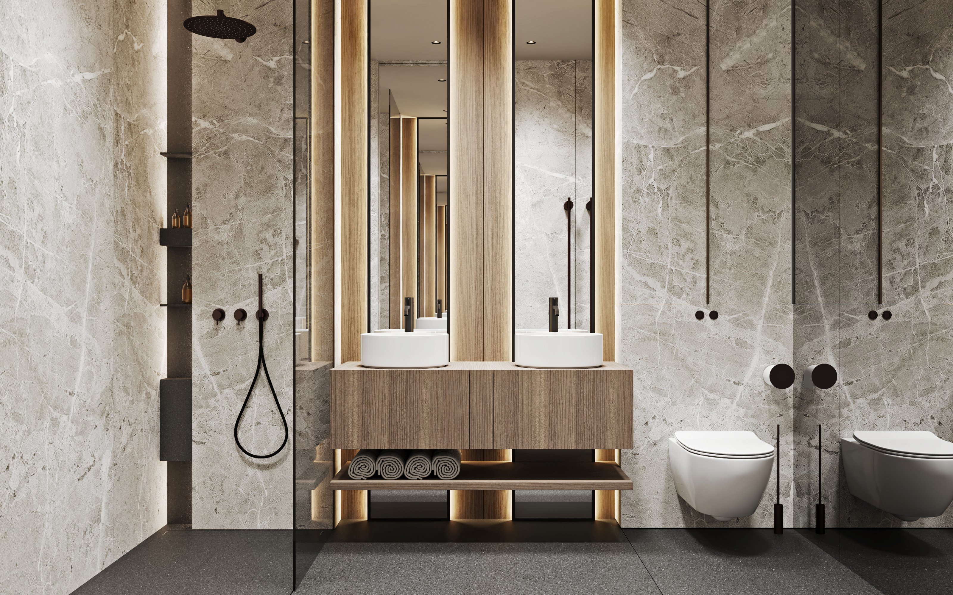 High-end bathroom featuring marble walls, double vanity with backlit mirrors, floating toilet, and walk-in shower with matte black fixtures.