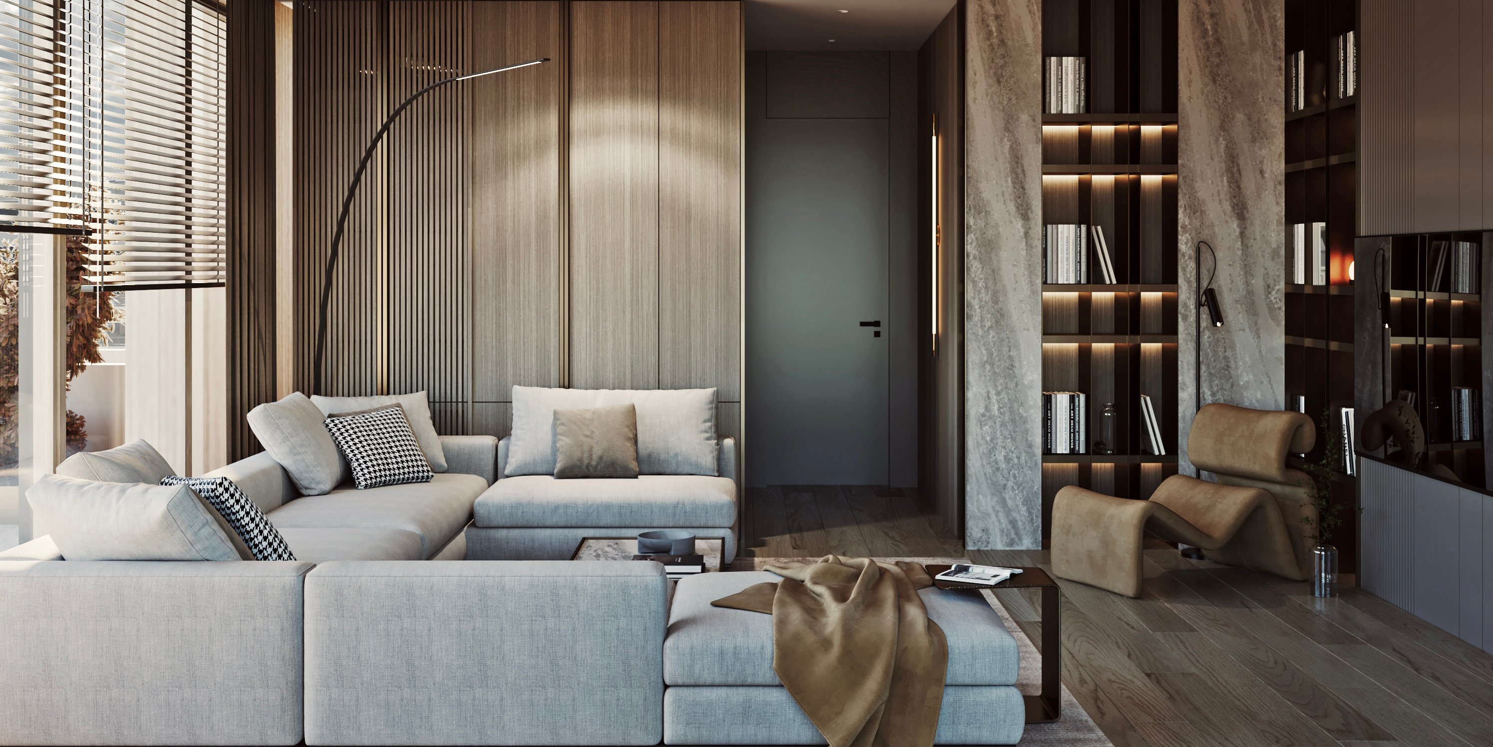 Modern living room featuring wall-mounted TV, marble columns, and built-in illuminated shelving.