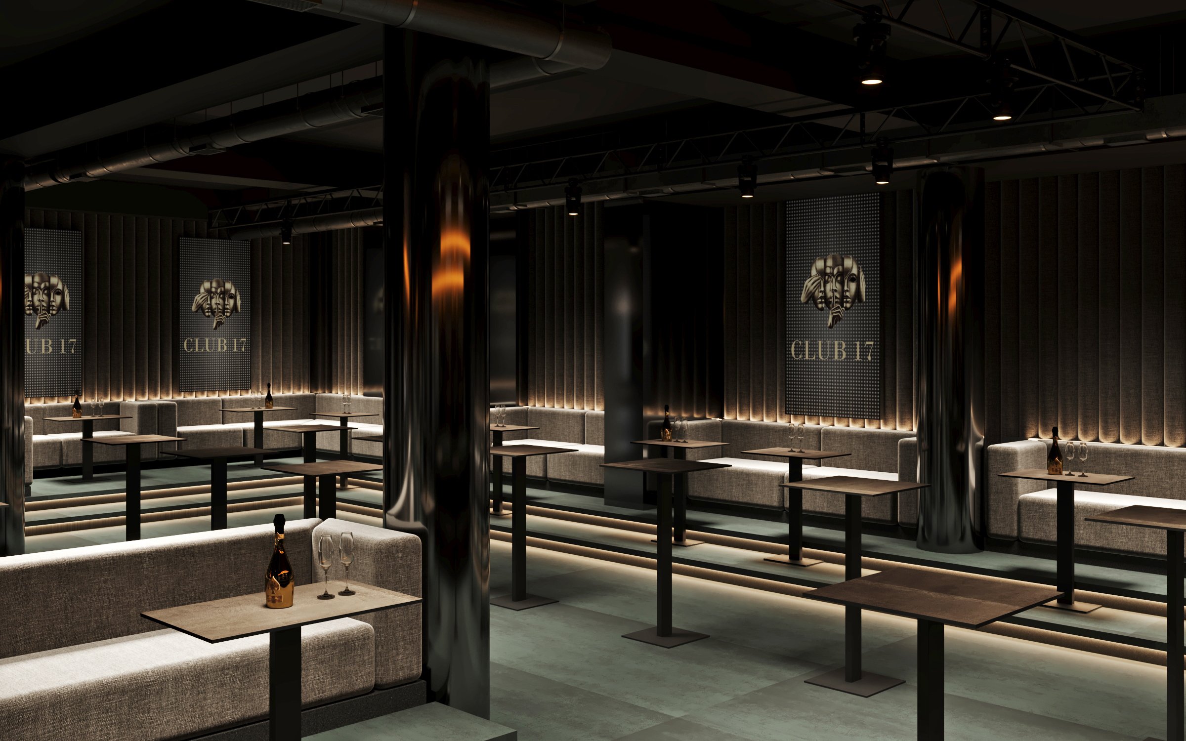 VIP section with tiered seating platforms, custom tables, and backlit wall panels featuring Club 17 branding and perforated metal details.