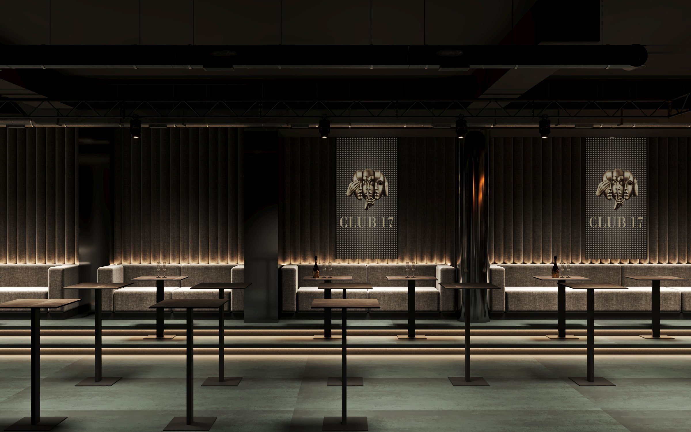 Strategic layout of club seating with illuminated platforms, branded wall panels, and integrated table service areas.