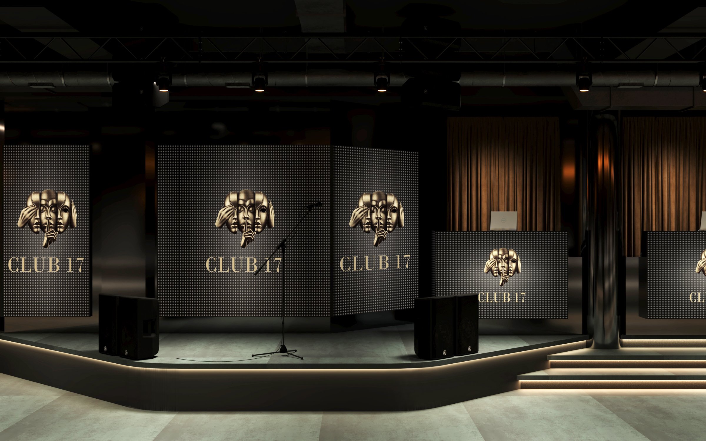 Performance area with LED display panels, Club 17 branding, tiered flooring, and professional sound system integration.