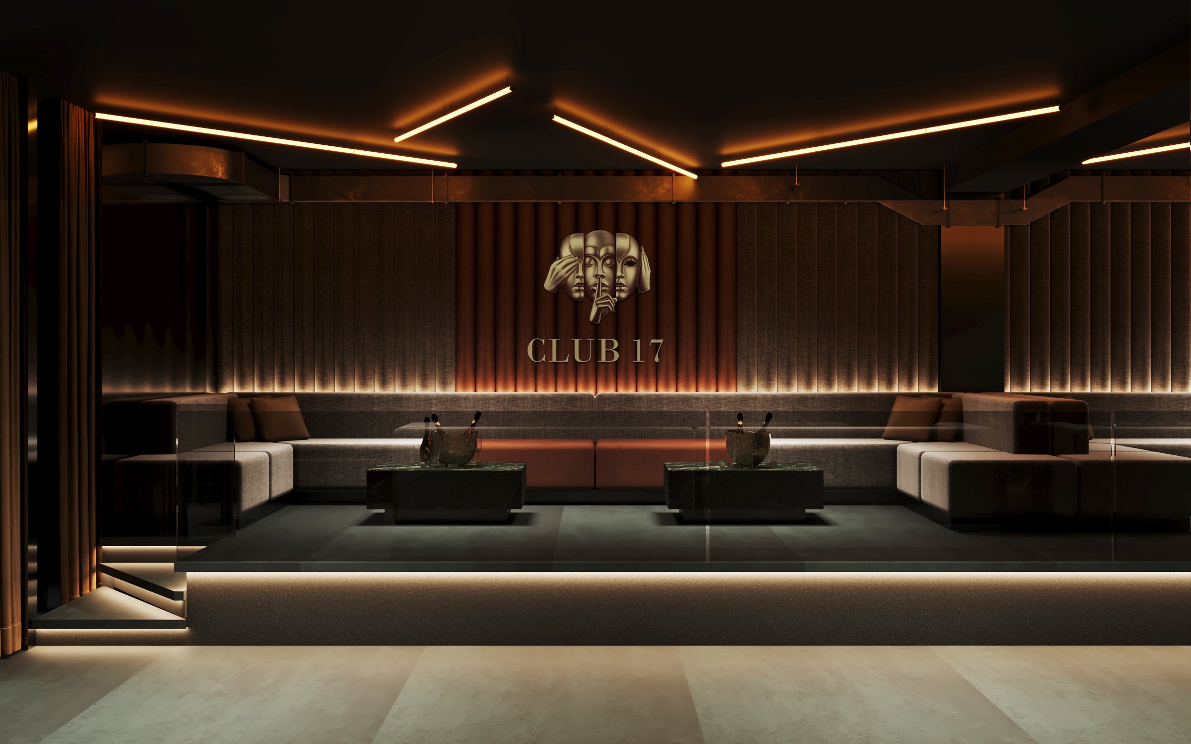 Premium VIP lounge area featuring geometric LED ceiling lights, plush seating arrangements with marble accent tables, and prominent Club 17 branding on textured wall panels.