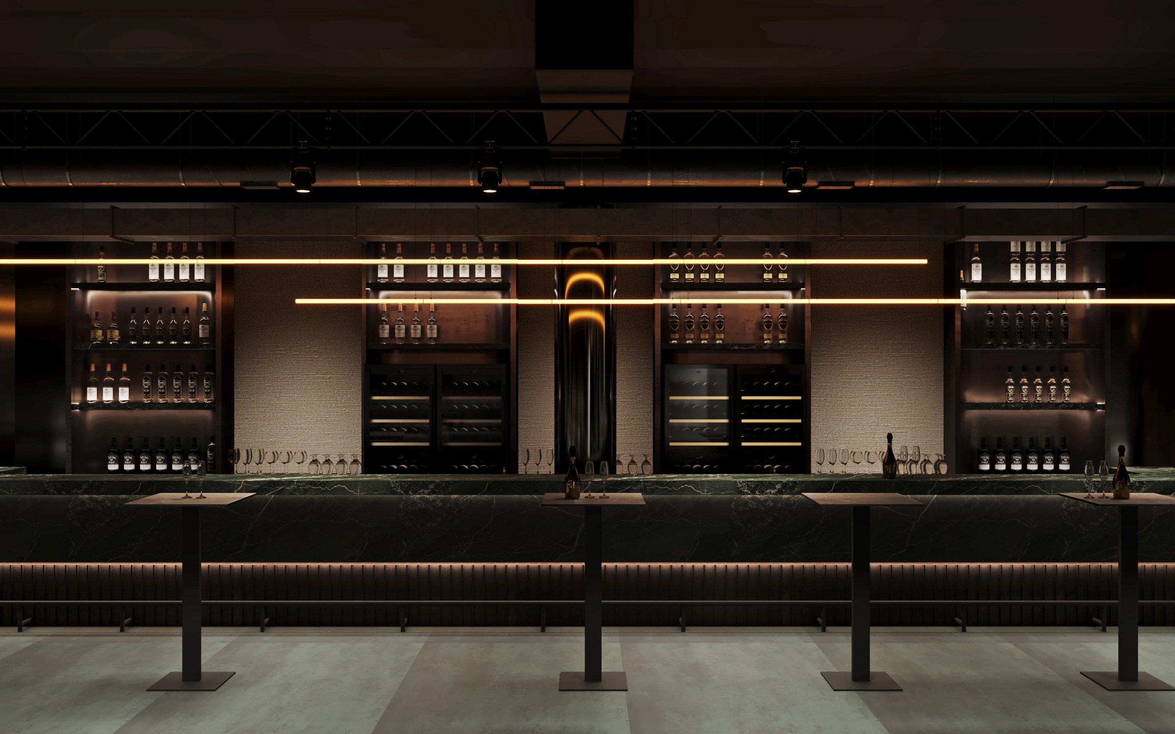 Sophisticated bar display with illuminated shelving, wine refrigerators, and green marble countertop featuring geometric linear lighting.