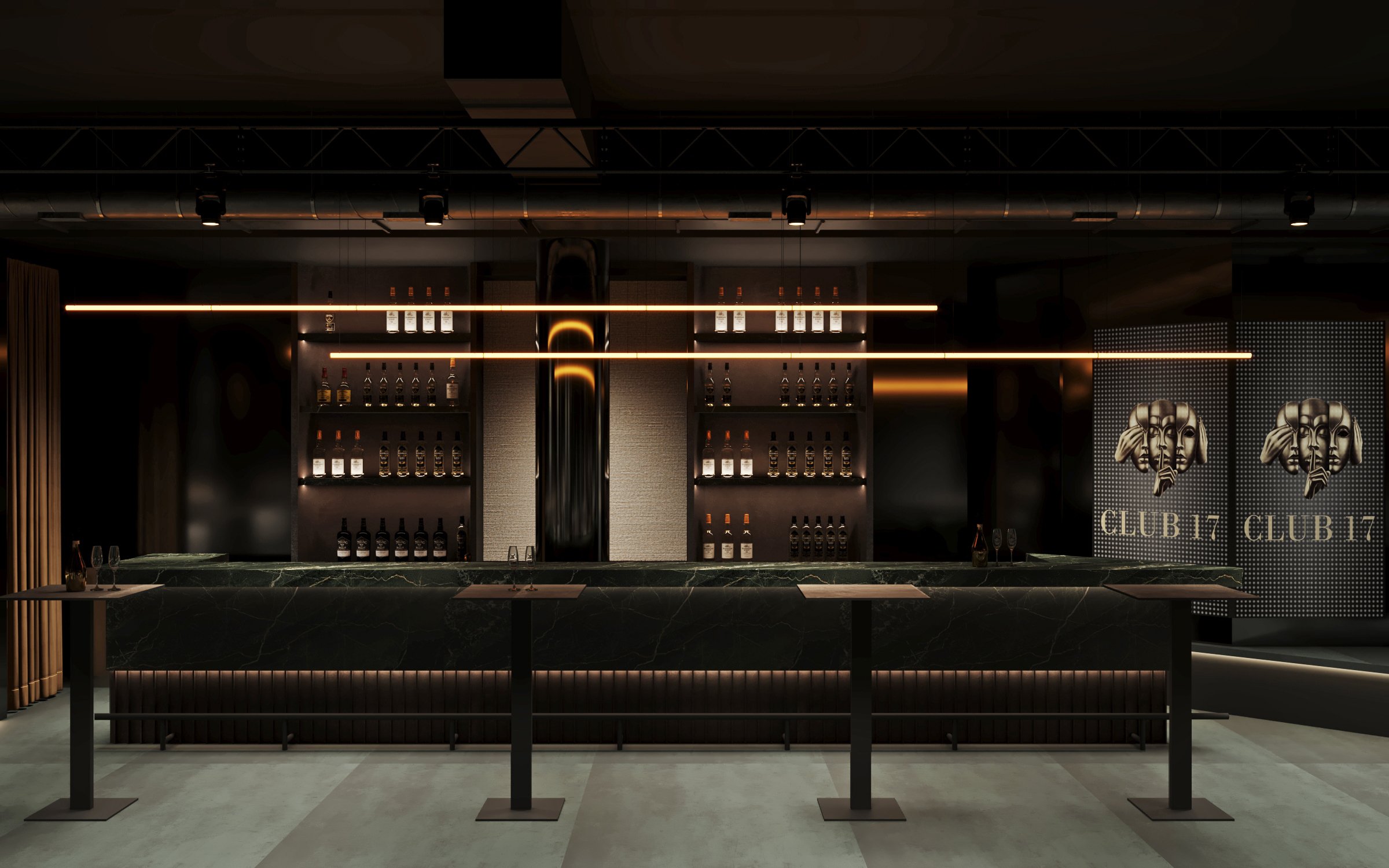 Main bar area showcasing premium spirits display, green marble counter, and Club 17 branded LED panels with industrial-style ceiling.