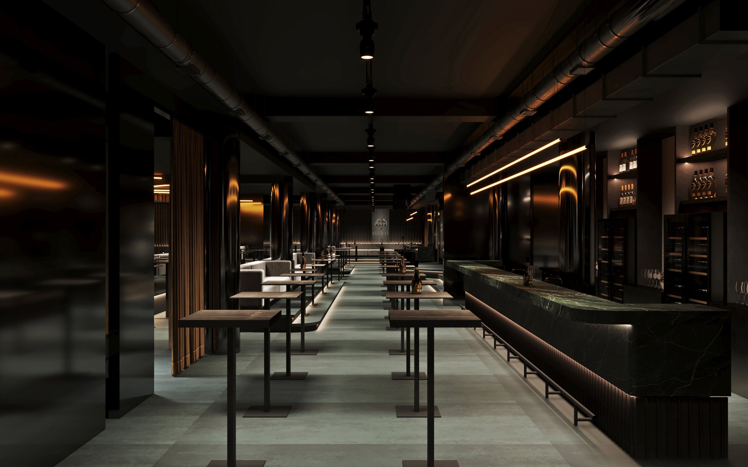 Extended bar area with high tables, ambient lighting, and sophisticated bottle display featuring industrial black columns and exposed ceiling.
