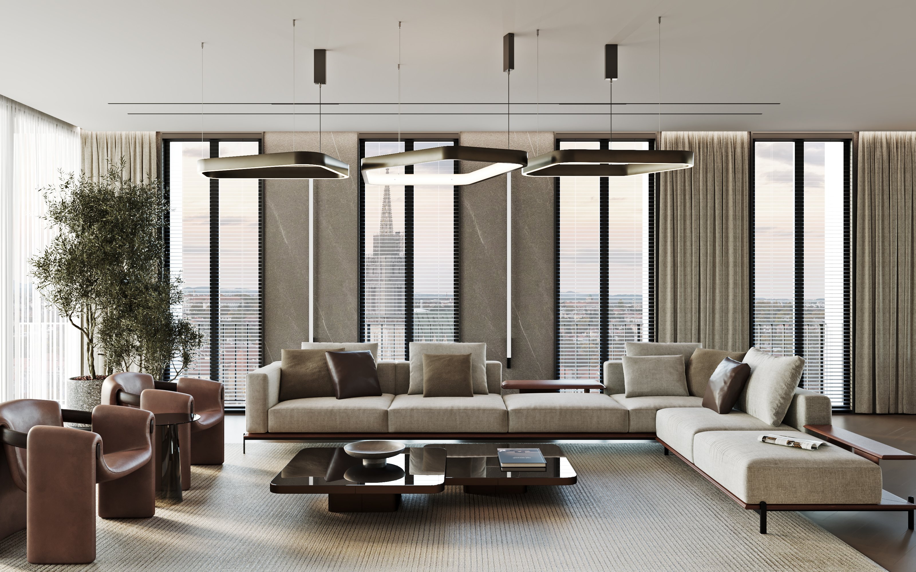 Modern living room featuring a sectional sofa, designer leather armchairs, and floor-to-ceiling windows with city views.