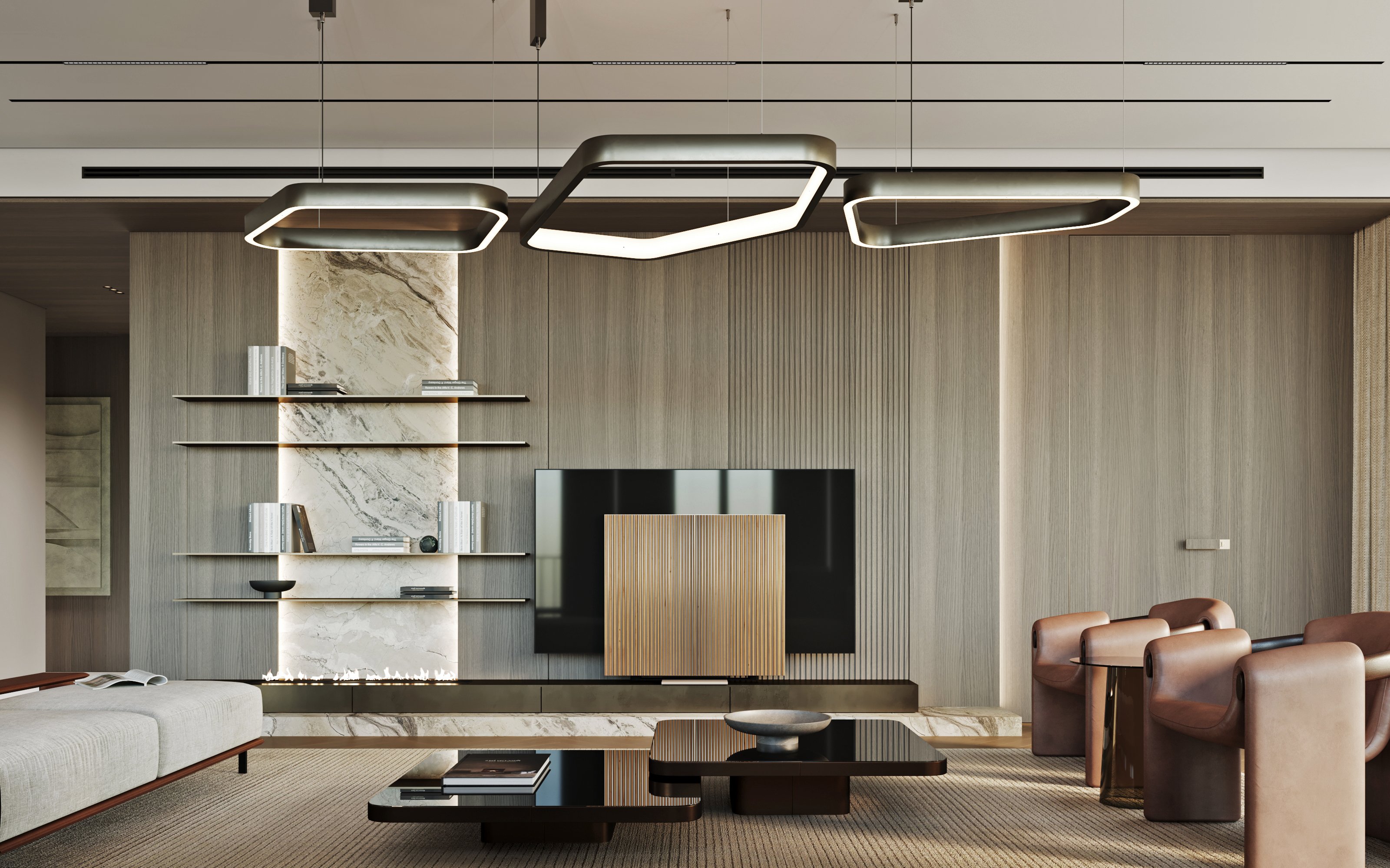 Contemporary living room with marble feature wall, floating shelves, linear fireplace, and geometric lighting fixtures.