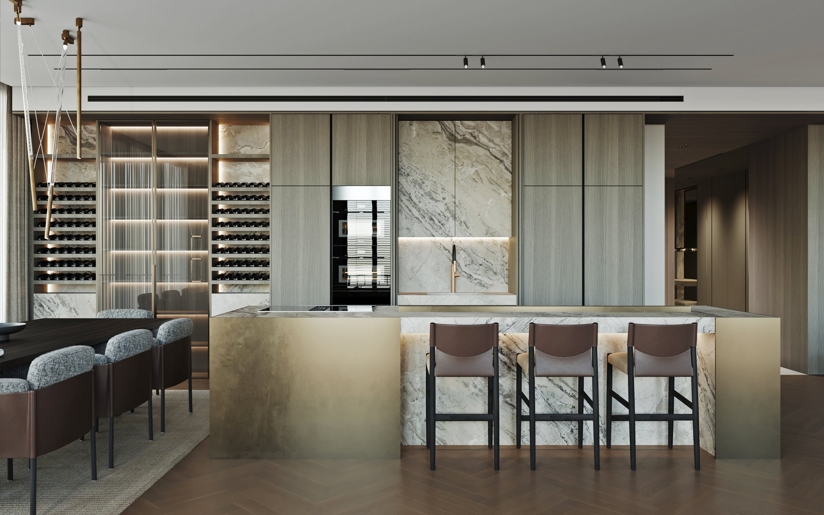 Luxury wine bar area with marble countertop, built-in wine storage, and designer bar seating.
