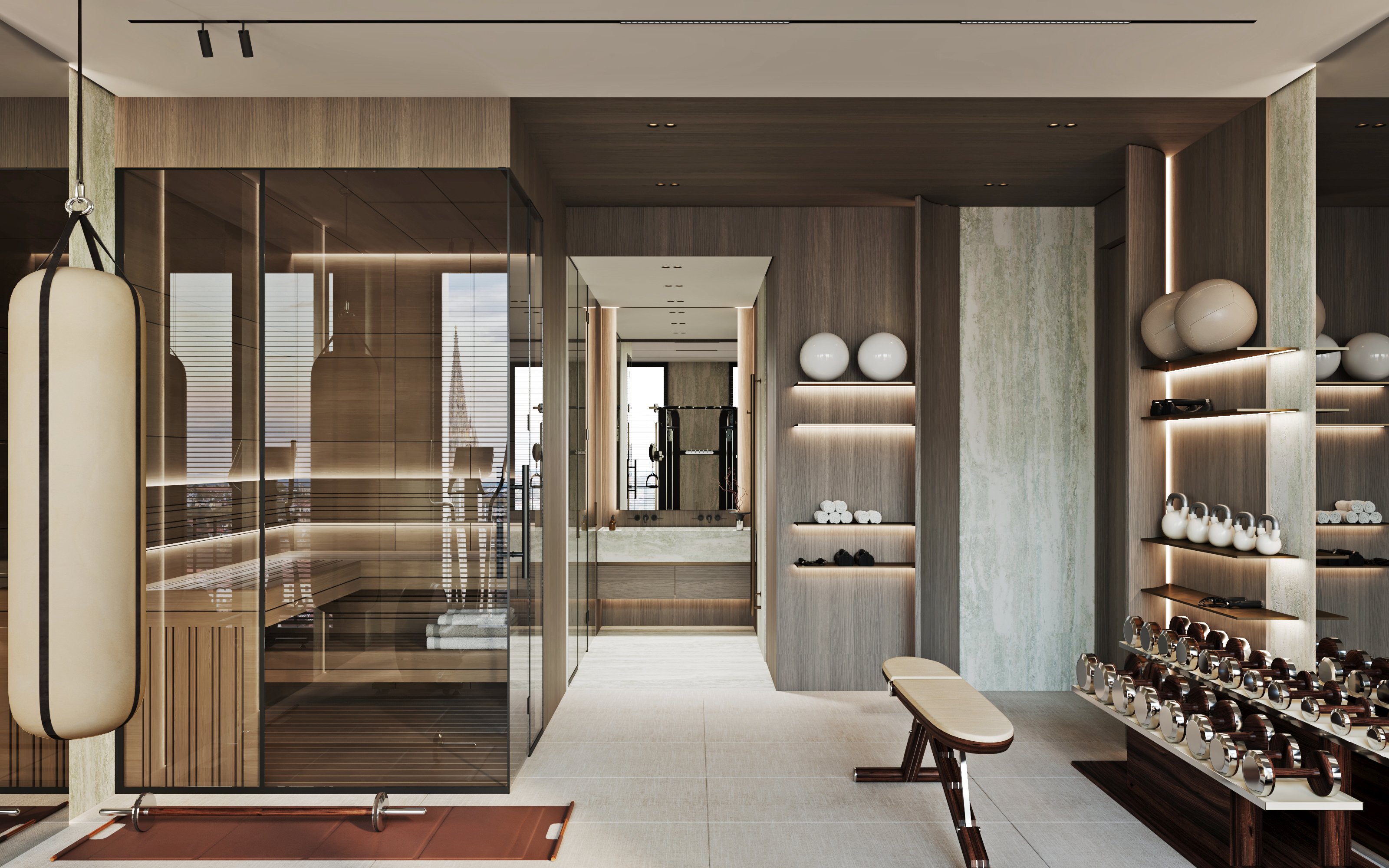 Luxury home gym with glass-enclosed sauna, fitness equipment, illuminated storage shelves, and exercise accessories.