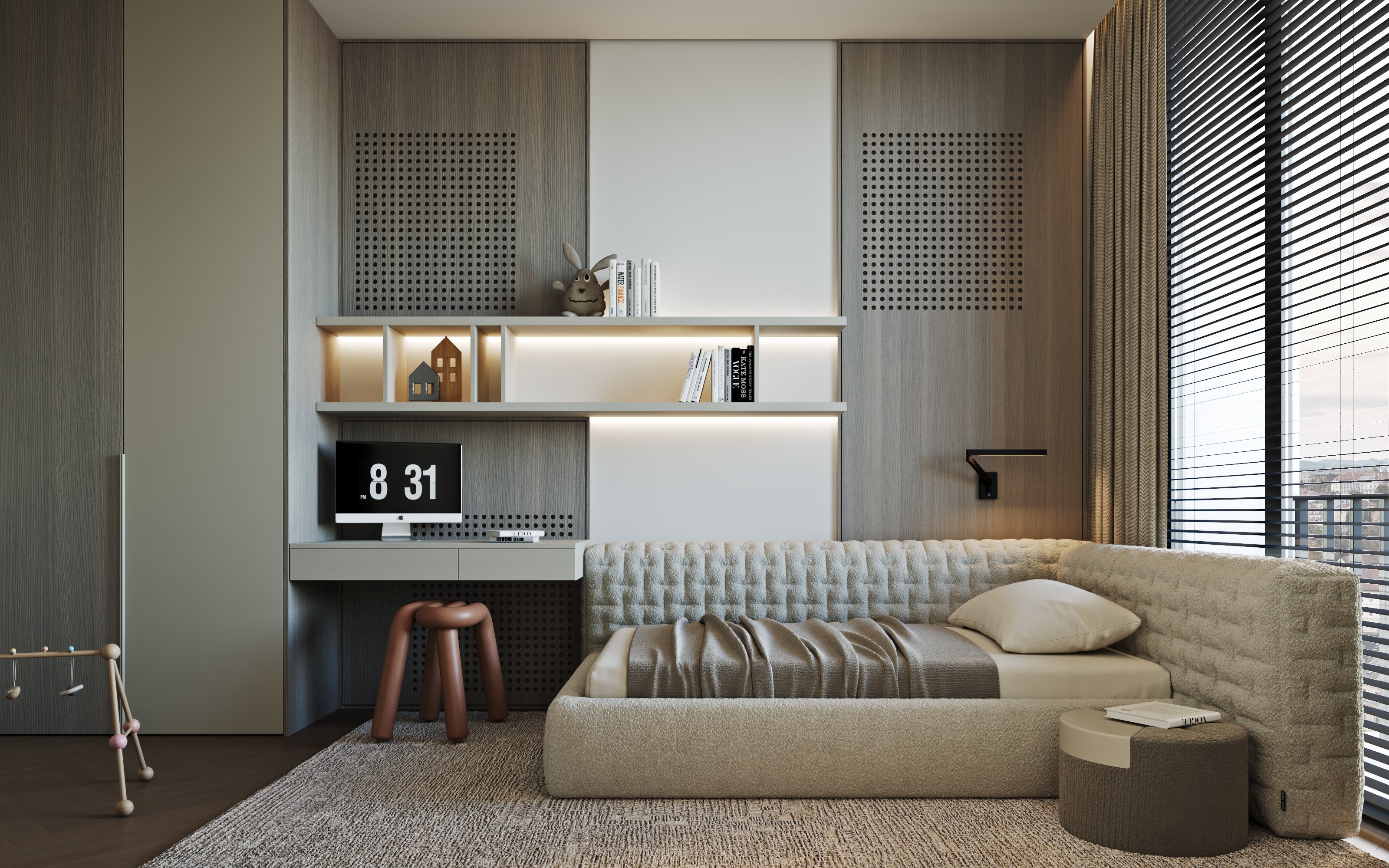 Contemporary children's bedroom with built-in desk, storage solutions, and upholstered daybed.