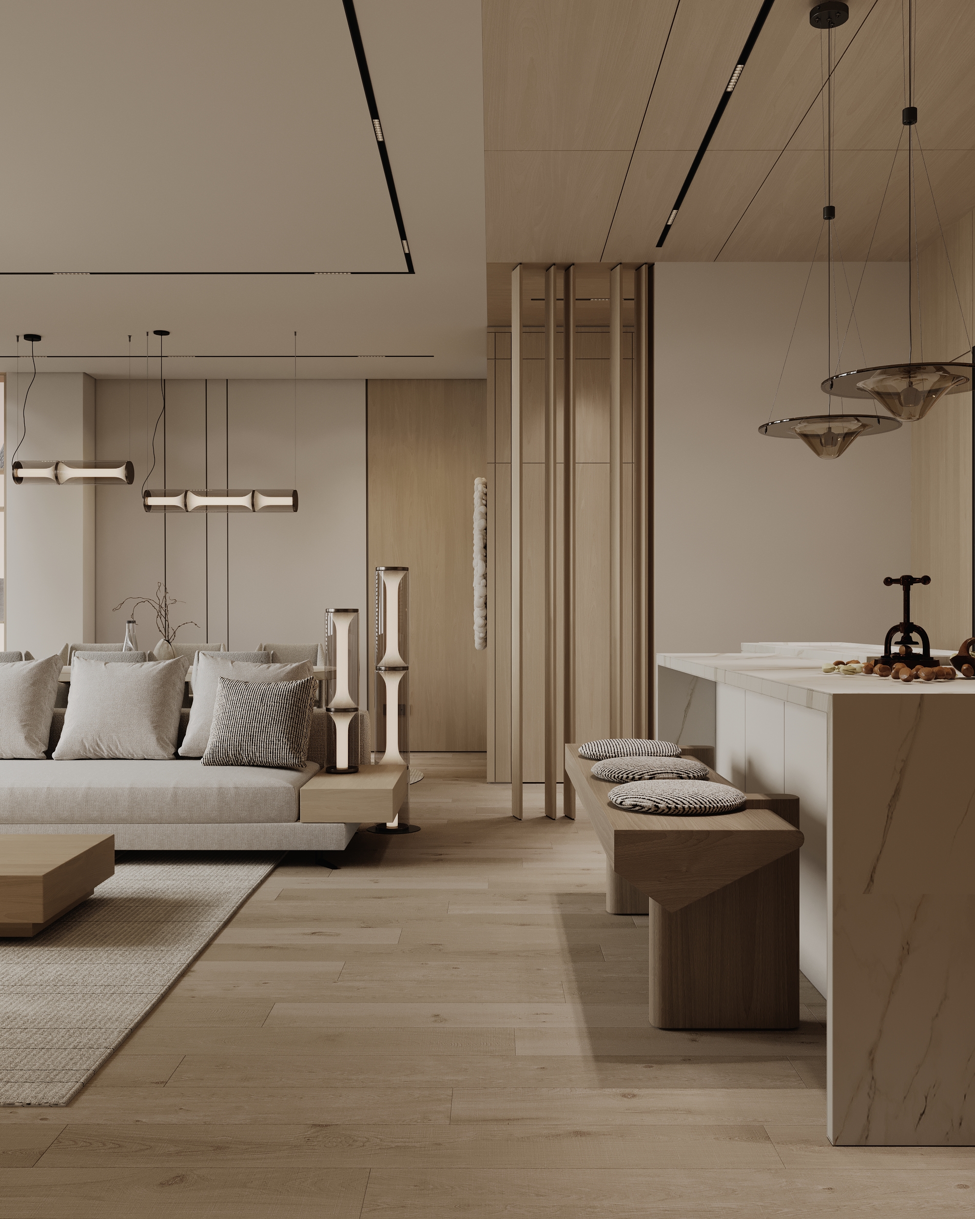 Open-concept living and dining space with custom wooden elements and integrated lighting.