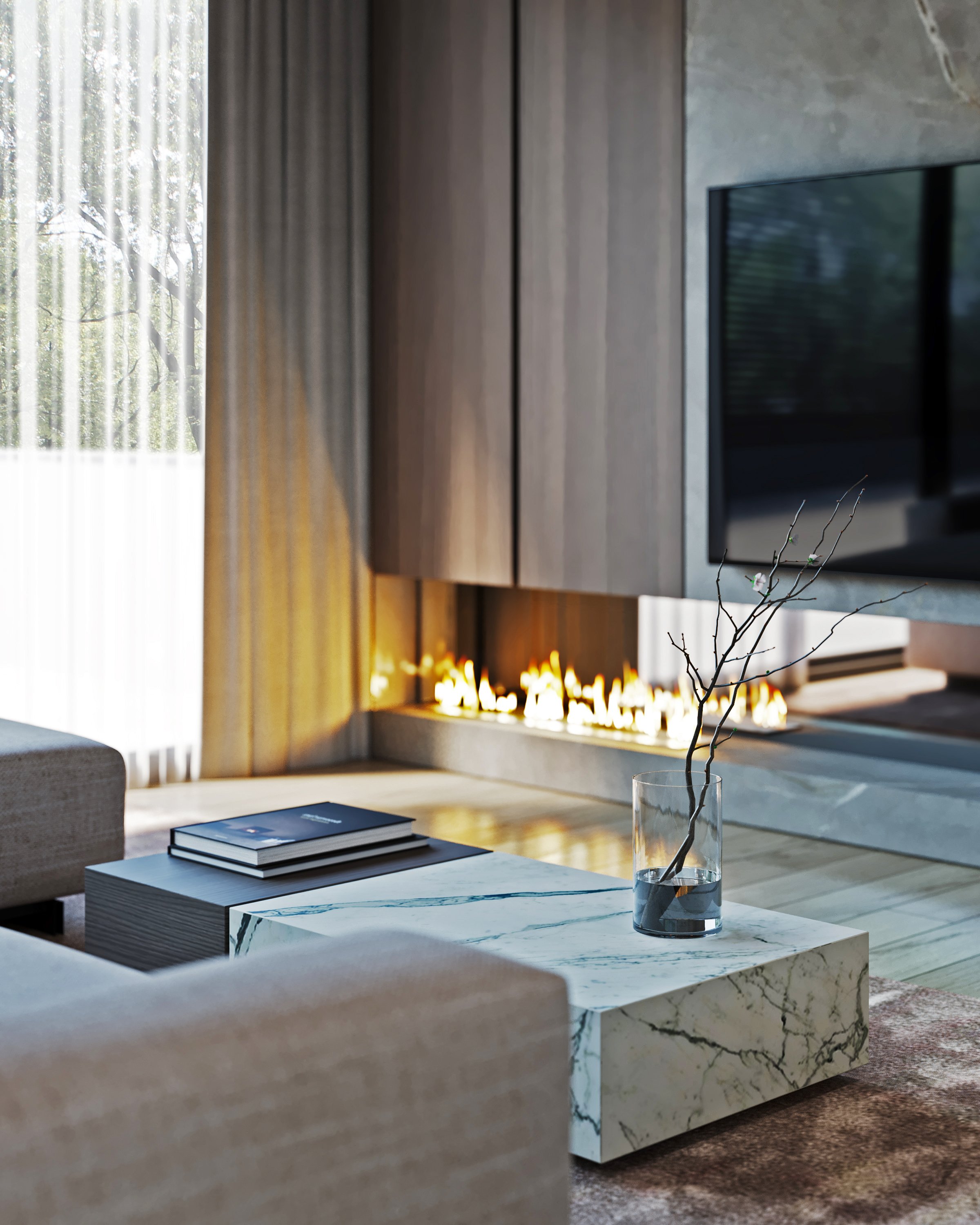 Contemporary fireplace detail with marble coffee table, books, and ambient lighting.