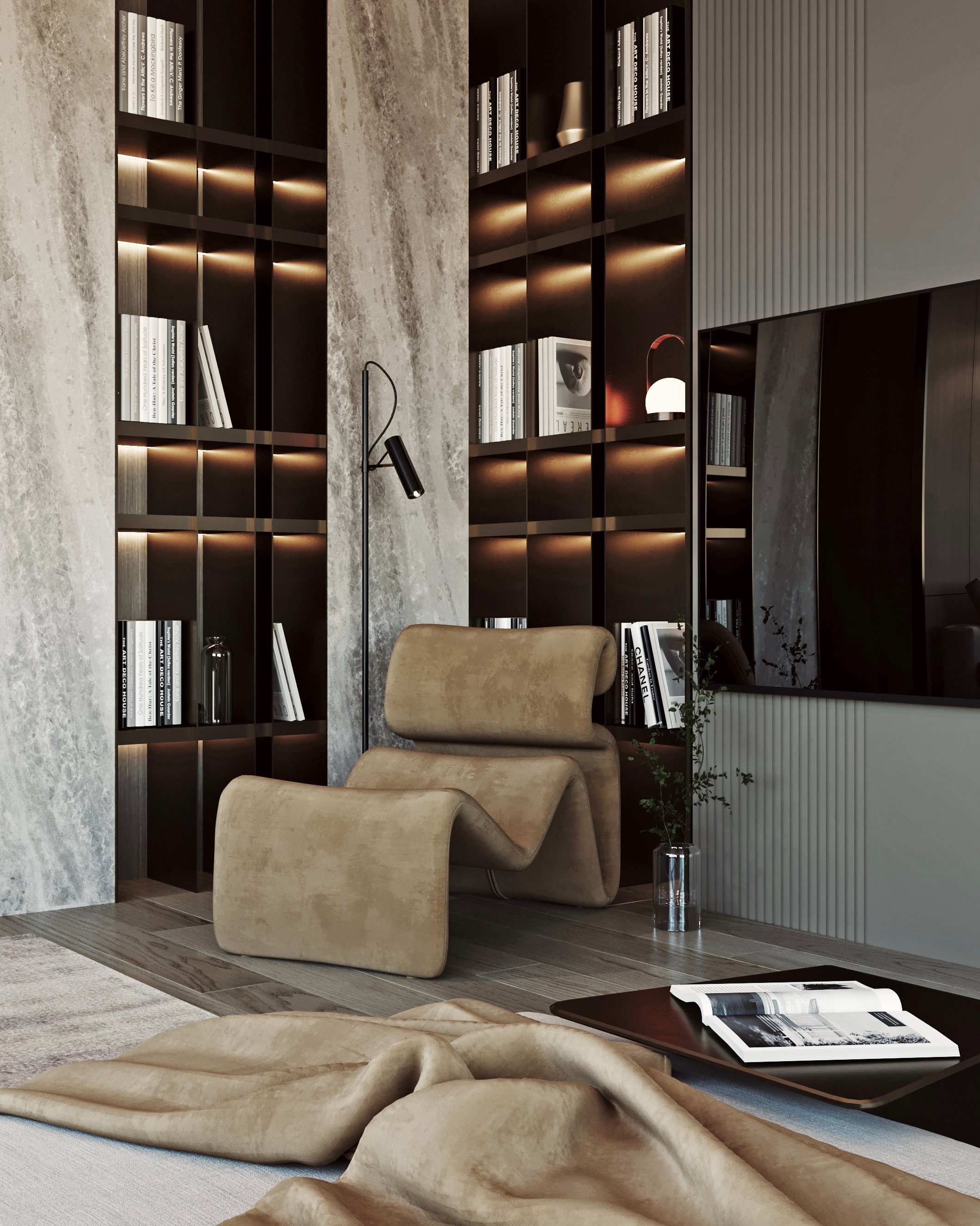 Designer lounge area with curved chair, custom lighting, and built-in bookshelves with ambient lighting.