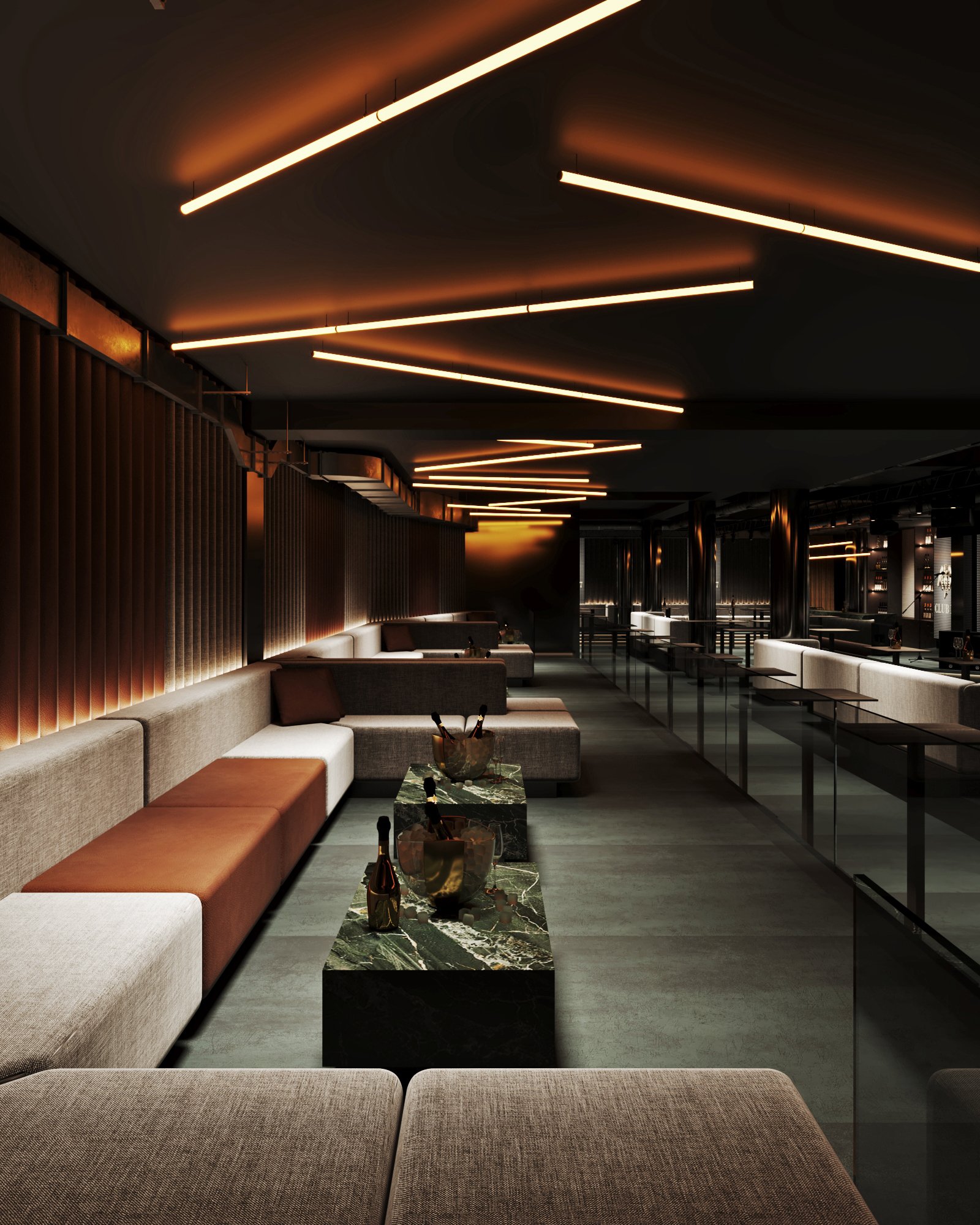 Main club area with diagonal LED ceiling lights, custom seating arrangements with marble accent tables, and warm ambient lighting.