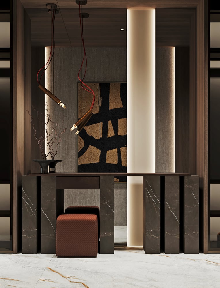 Sophisticated walk-in closet featuring marble accents, ambient lighting, and stylish storage.
